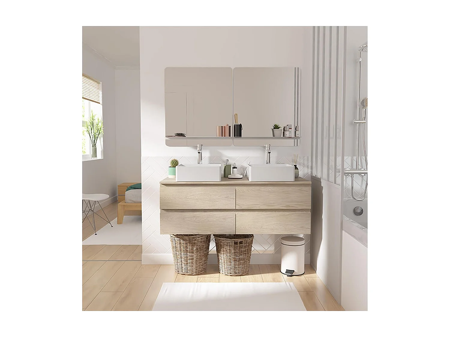 Mueble de lavabo doble + lavabo + grifería + espejo WILL