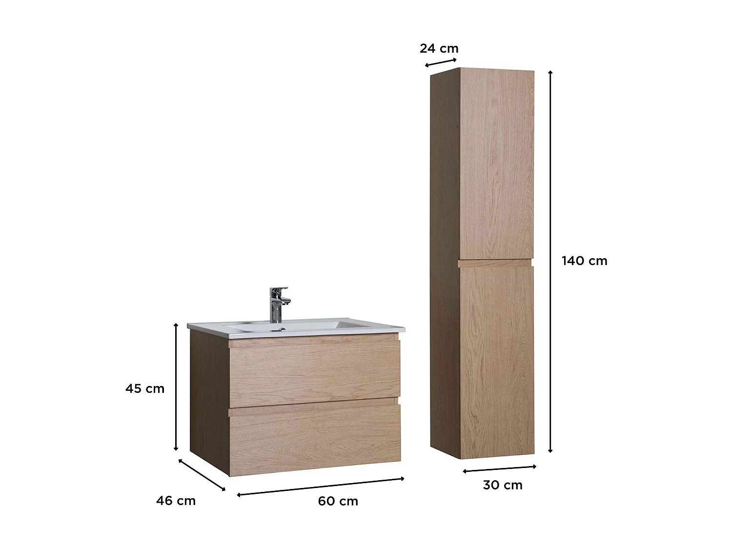 Ensemble meuble simple vasque décor chêne 60cm + vasque + colonne