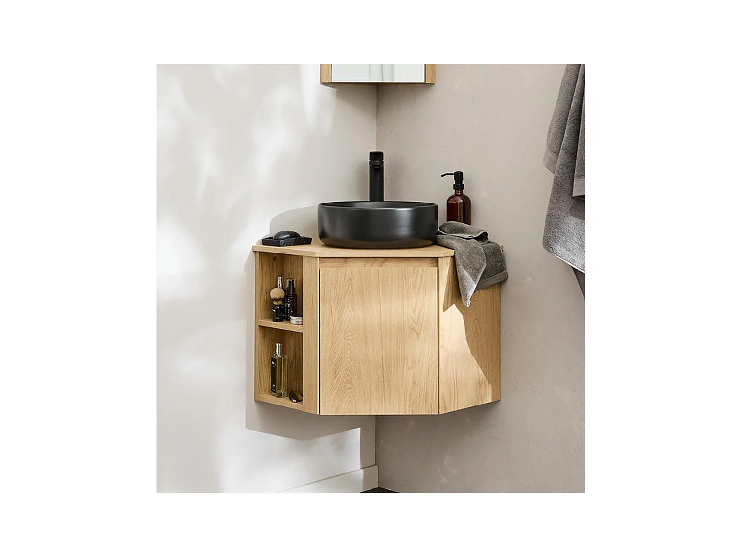 Ensemble meuble sous vasque d'angle avec vasque et robinet noir