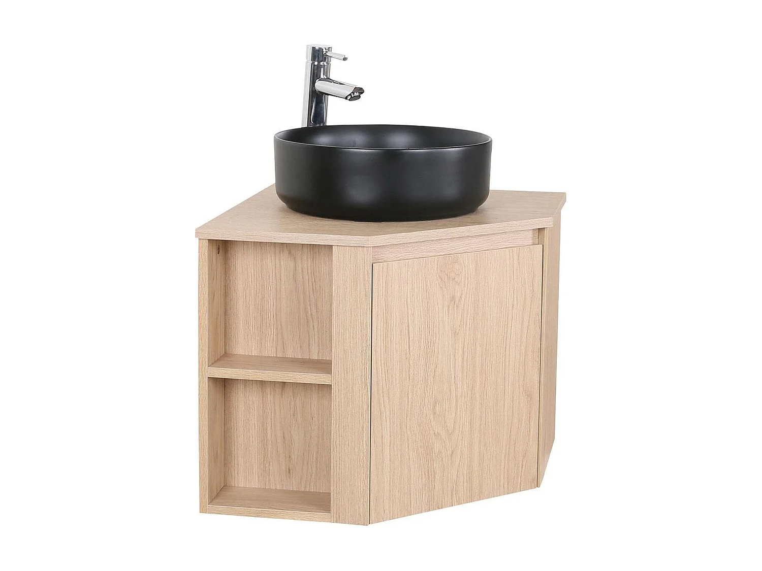 SORRENTO roble decorado lavabo individual esquinero + lavabo negro + grifo