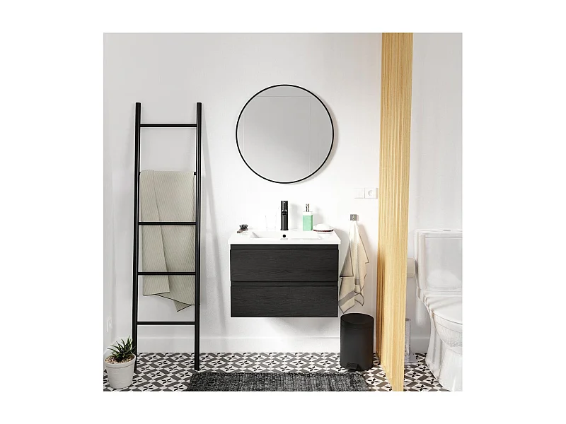 Ensemble meuble simple vasque décor chêne carbone 60cm + vasque + robinet + miroir