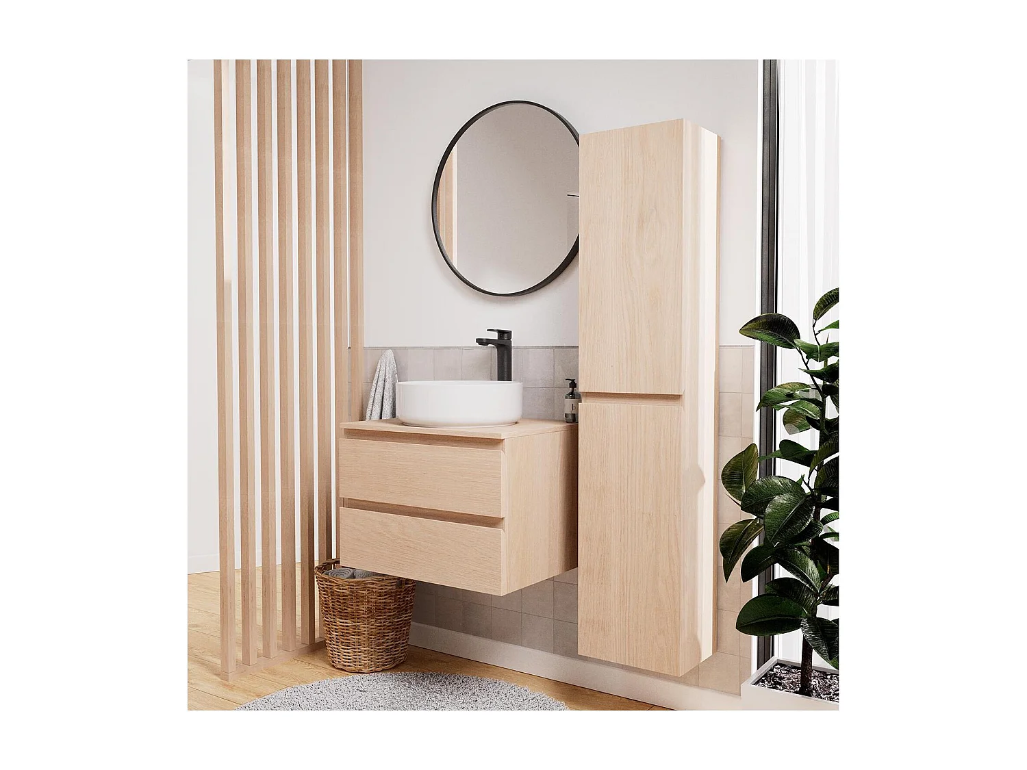 Einzelwaschtisch-Set 60 cm + Waschbecken + Wasserhahn + Spiegel + SORRENTO-Säule