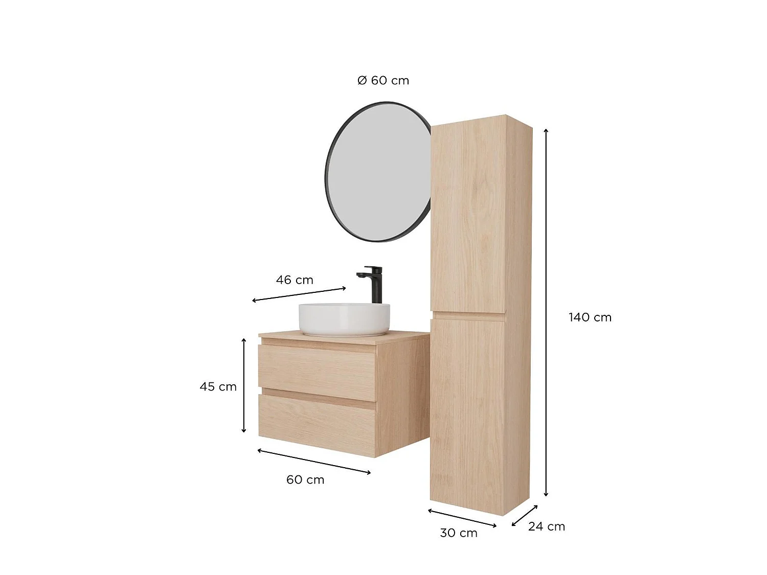 Enkele wastafelmeubelset 60 cm + wastafel + kraan + spiegel + SORRENTO kolom