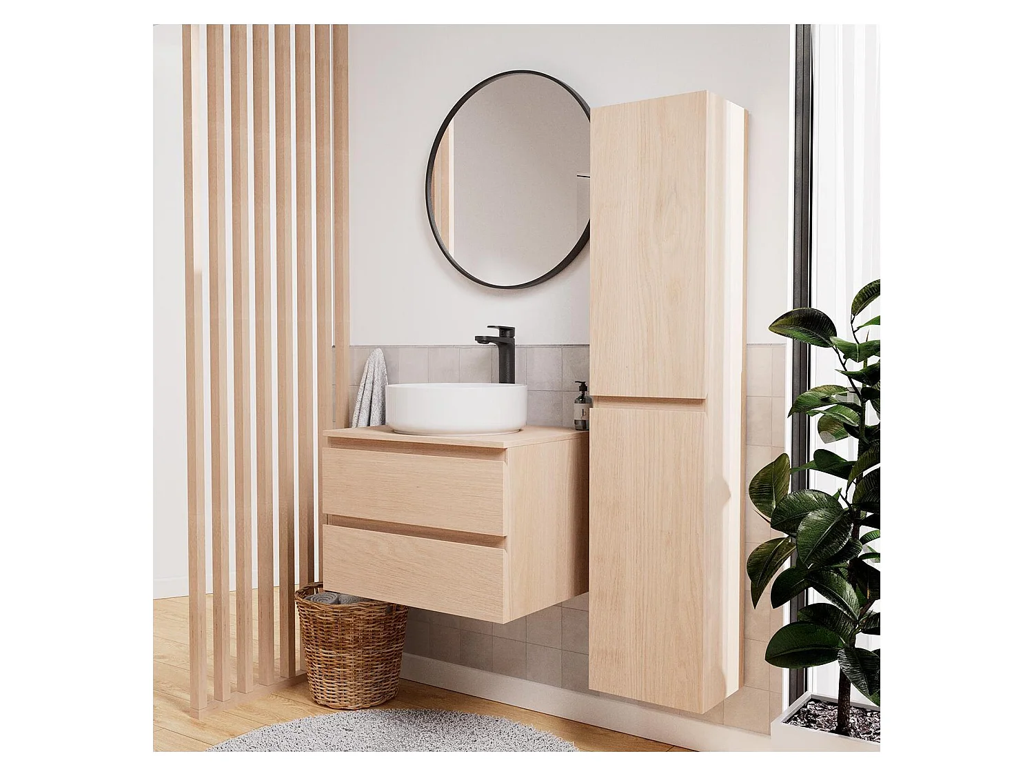 Enkele wastafelmeubelset 60 cm + wastafel + kraan + spiegel + SORRENTO kolom