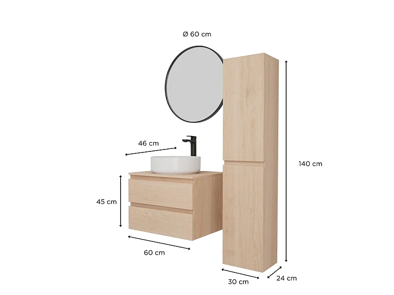 Enkele wastafelmeubelset 60 cm + wastafel + kraan + spiegel + SORRENTO kolom