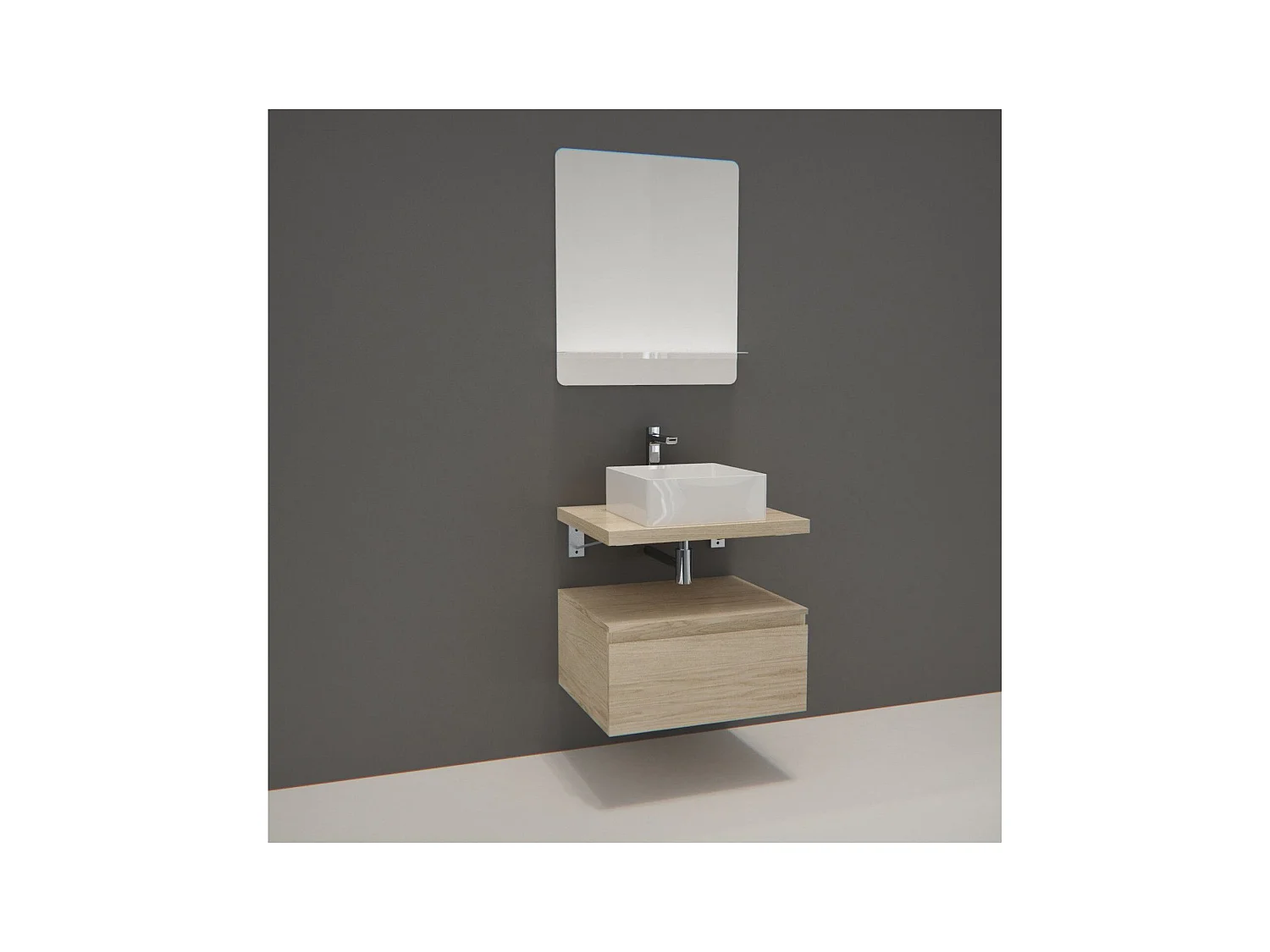 Meuble de Salle de Bain WILL - Plan suspendu 60 cm + Meuble tiroir + Vasque + Miroir + Equerres