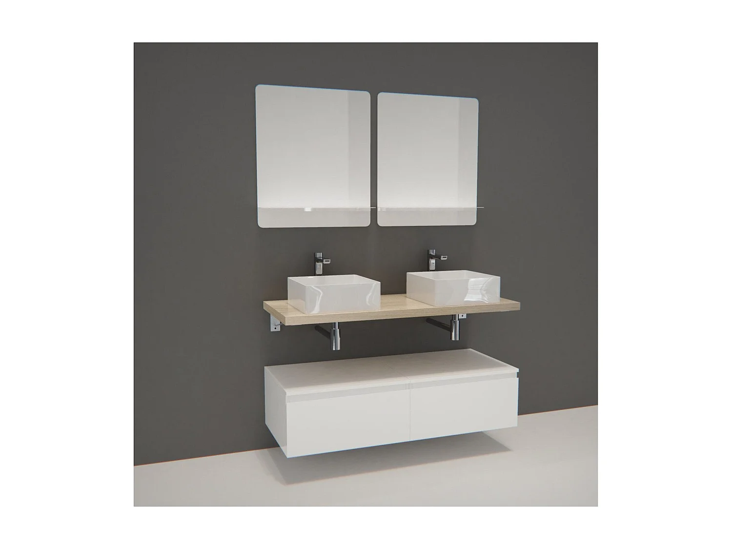 Meuble de Salle de Bain WILL - Plan suspendu 120 cm + Equerres + Meubles tiroir + Vasques + Miroirs