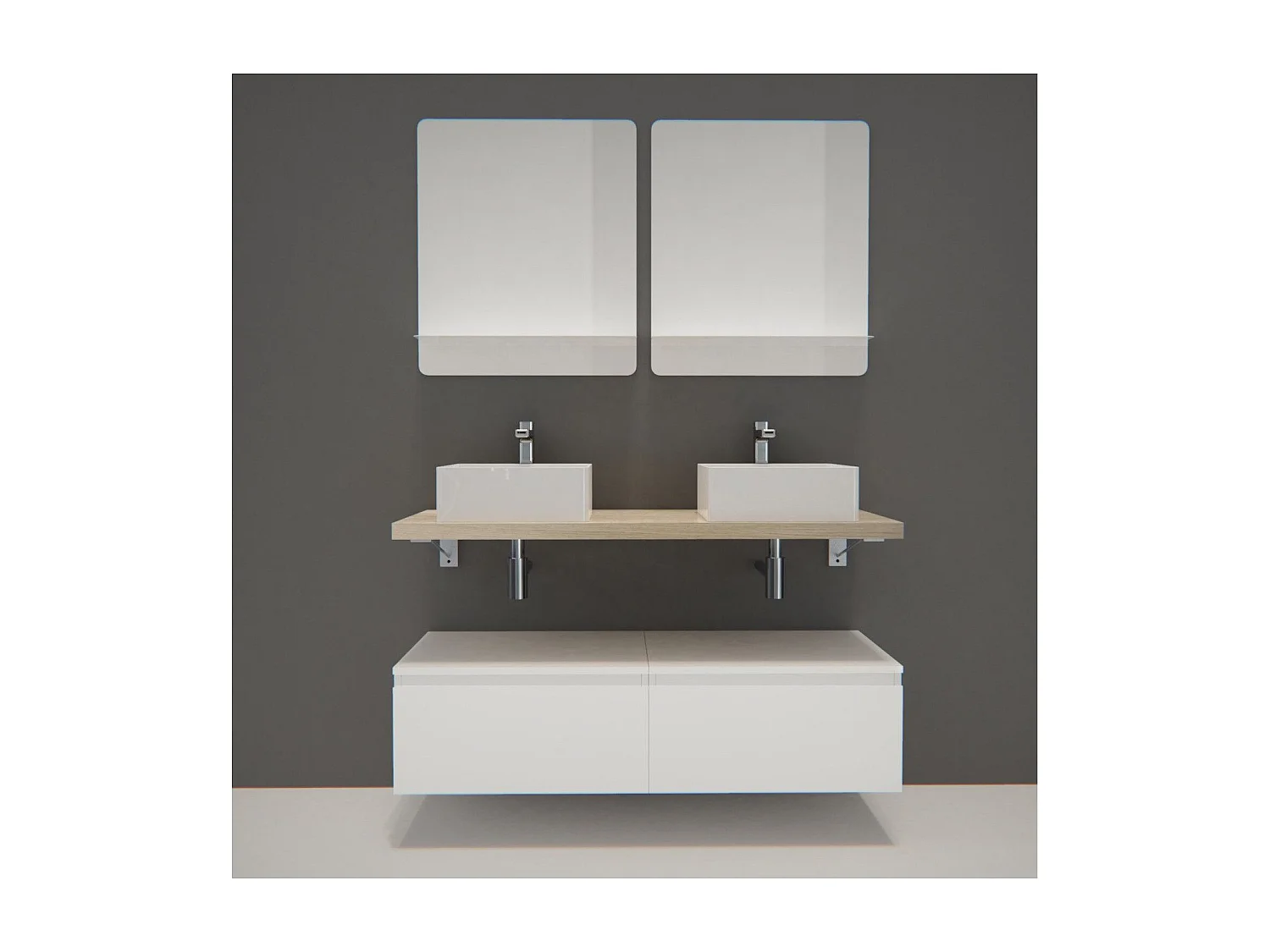 Meuble de Salle de Bain WILL - Plan suspendu 120 cm + Equerres + Meubles tiroir + Vasques + Miroirs