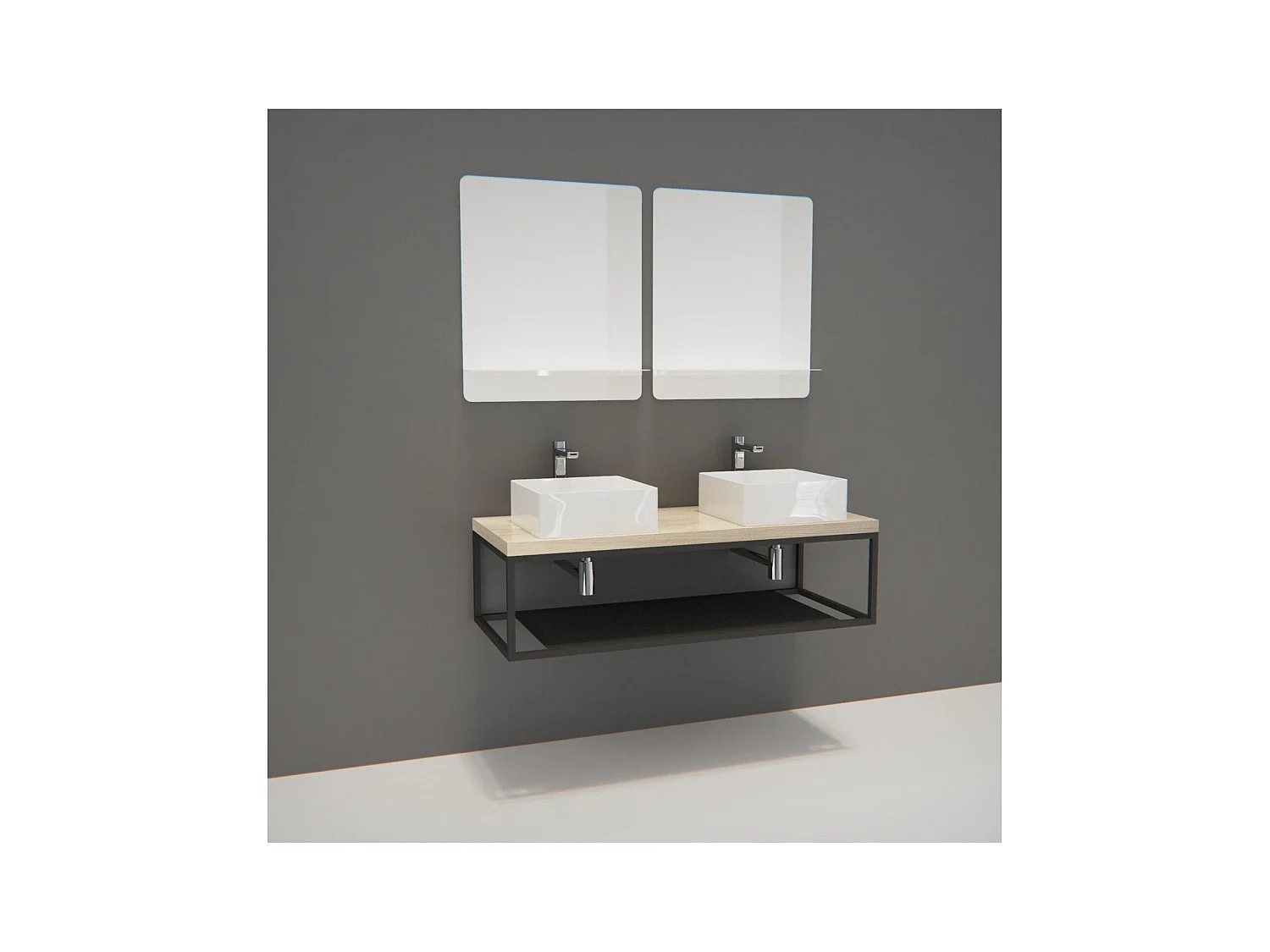 Meuble de Salle de Bain Bois et Métal WILL - Plan suspendu 120 cm + Structure métal + 2 Vasques + 2 Miroirs