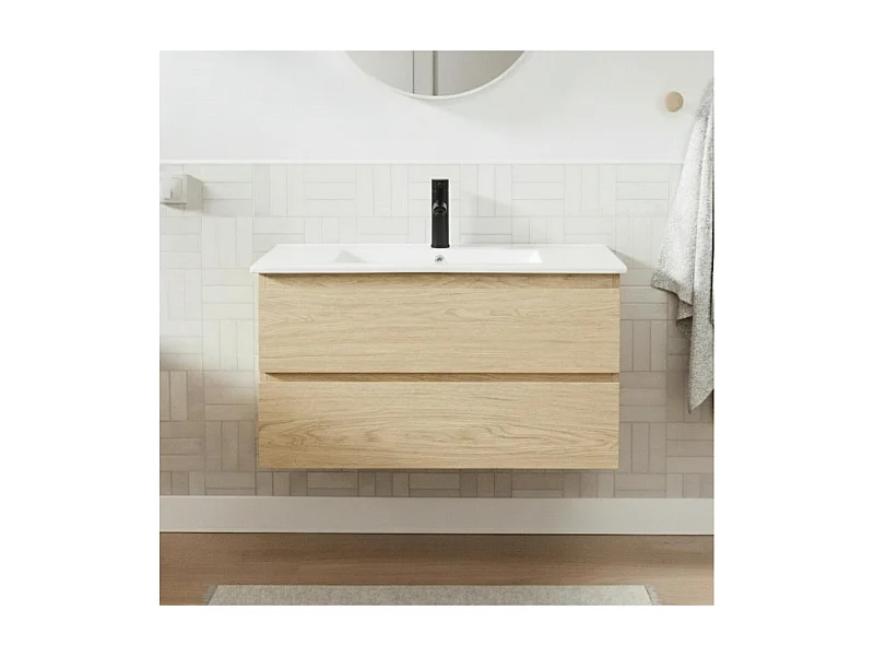 Ensemble meuble simple vasque décor chêne 80cm + vasque + robinet noir