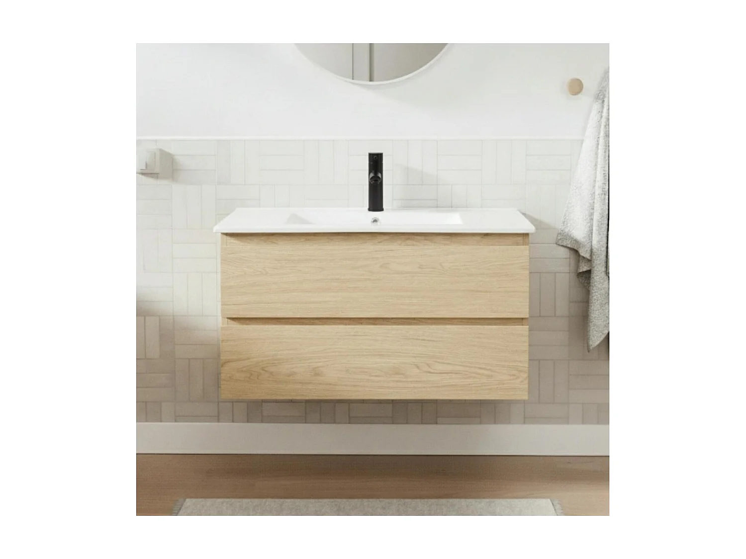 Meuble simple vasque 80cm décor chêne SORRENTO avec vasque et robinet