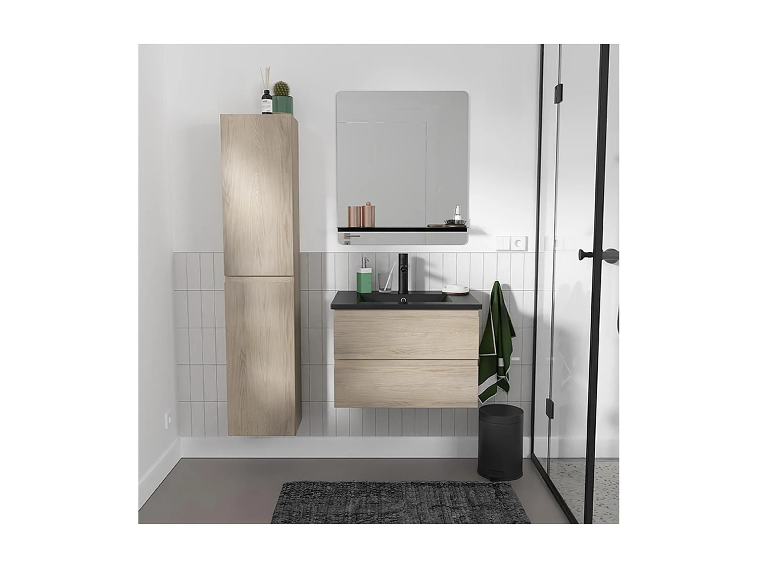 Ensemble simple vasque 60cm avec plan céramique, robinet noir, miroir et colonne