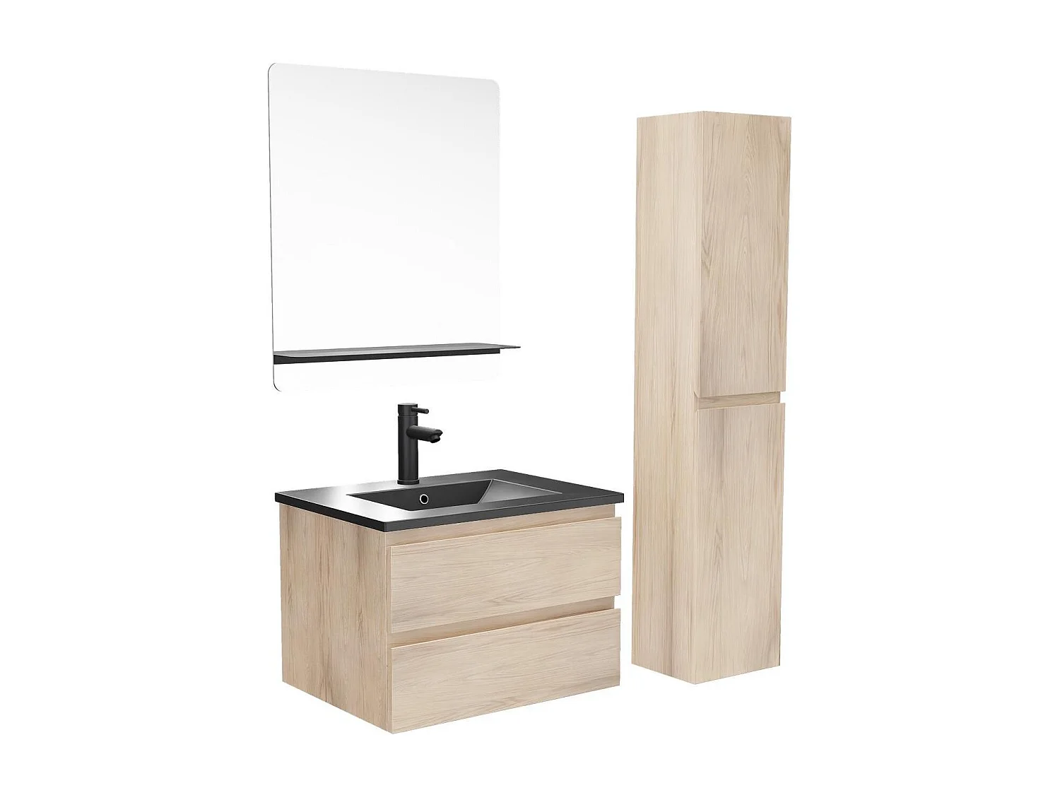Ensemble simple vasque 60cm avec plan céramique, robinet noir, miroir et colonne