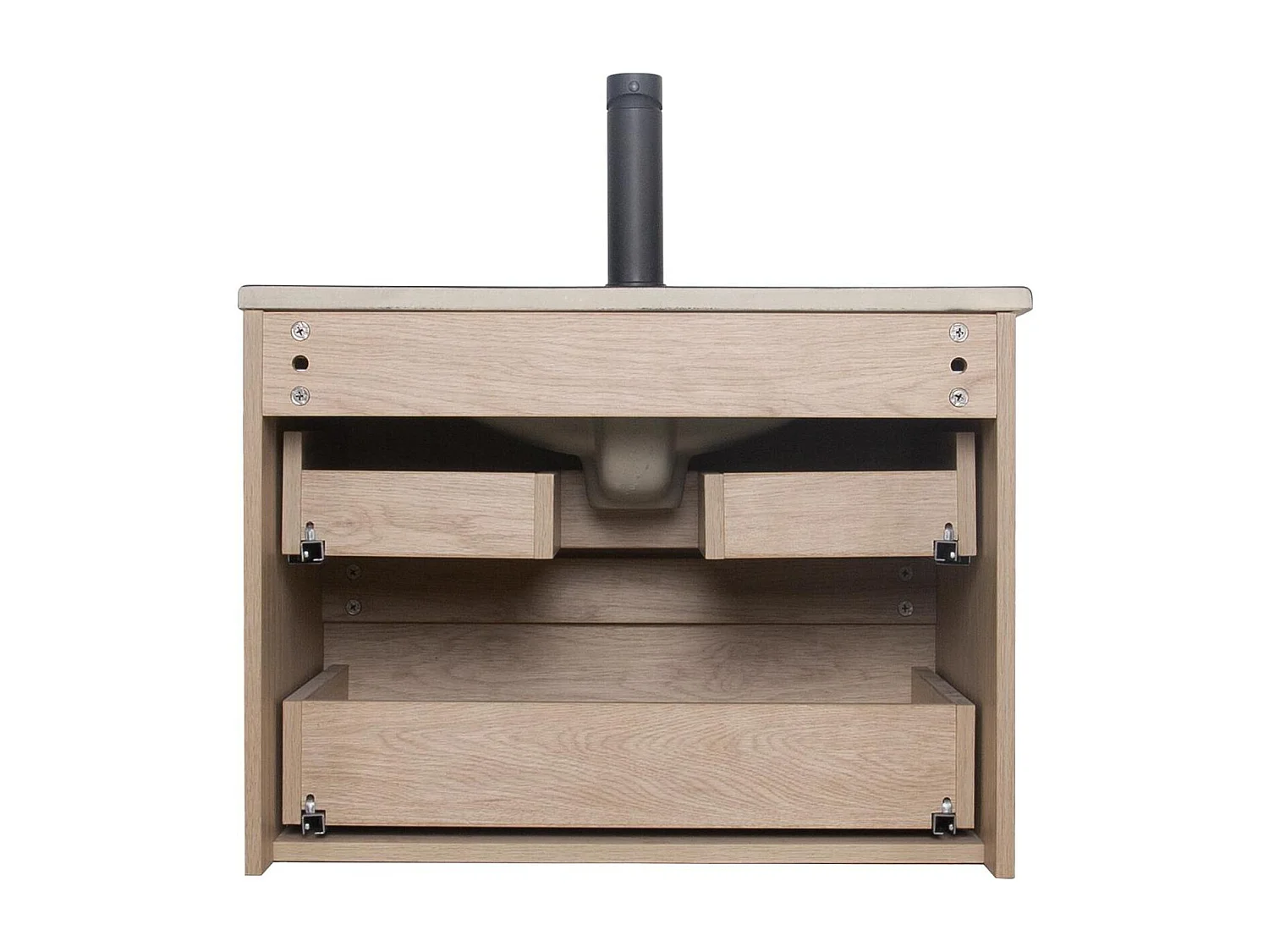 Ensemble simple vasque 60cm avec plan céramique, robinet noir, miroir et colonne