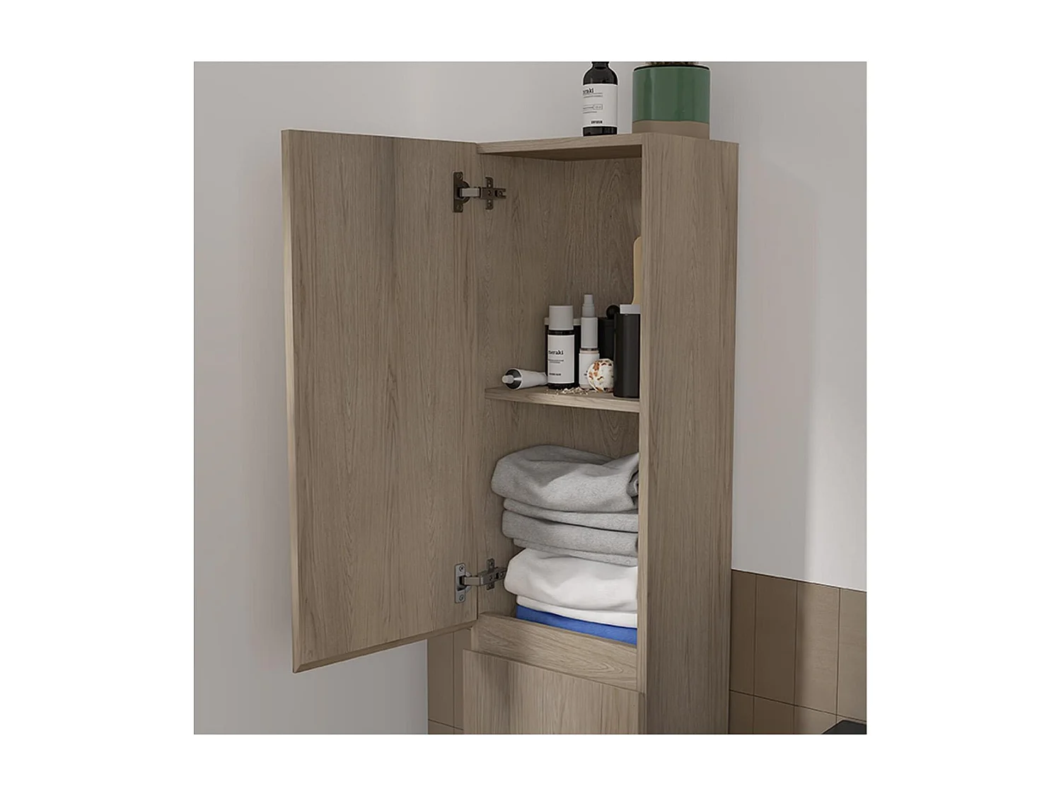 Ensemble simple vasque 60cm avec plan céramique, robinet noir, miroir et colonne