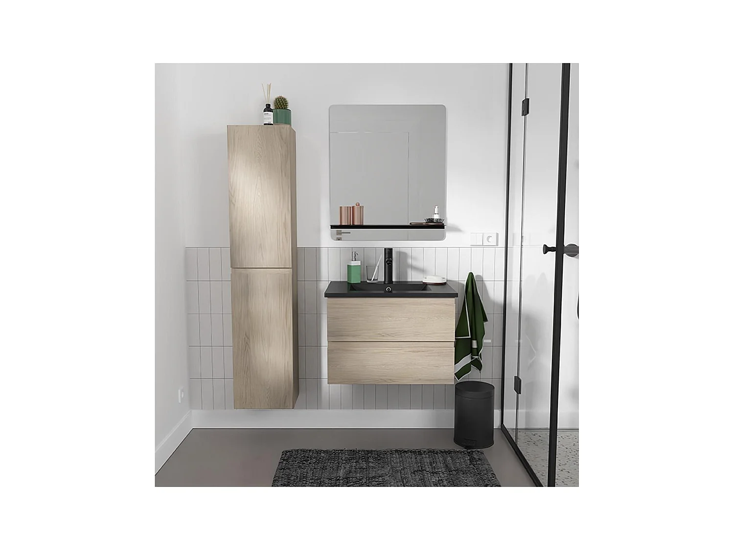 Ensemble meuble simple vasque 60cm décor chêne + vasque noire + robinet + miroir + colonne