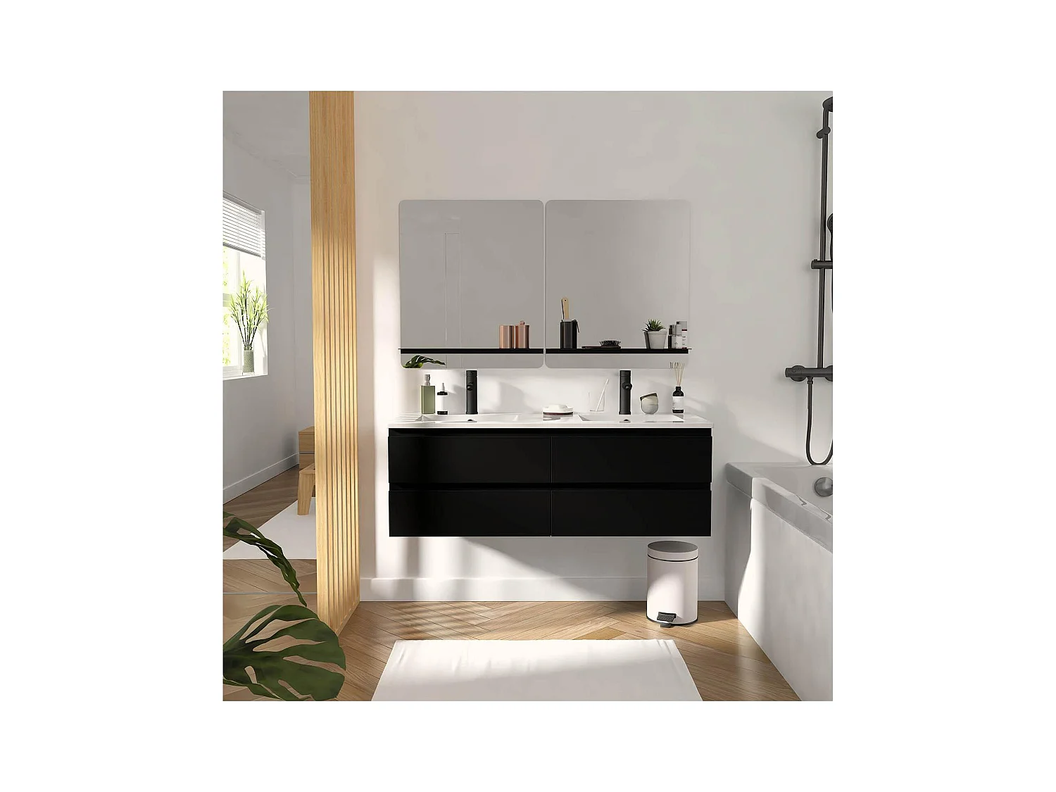 Lavabo doble 120cm con encimera cerámica SORRENTO Negro + espejo