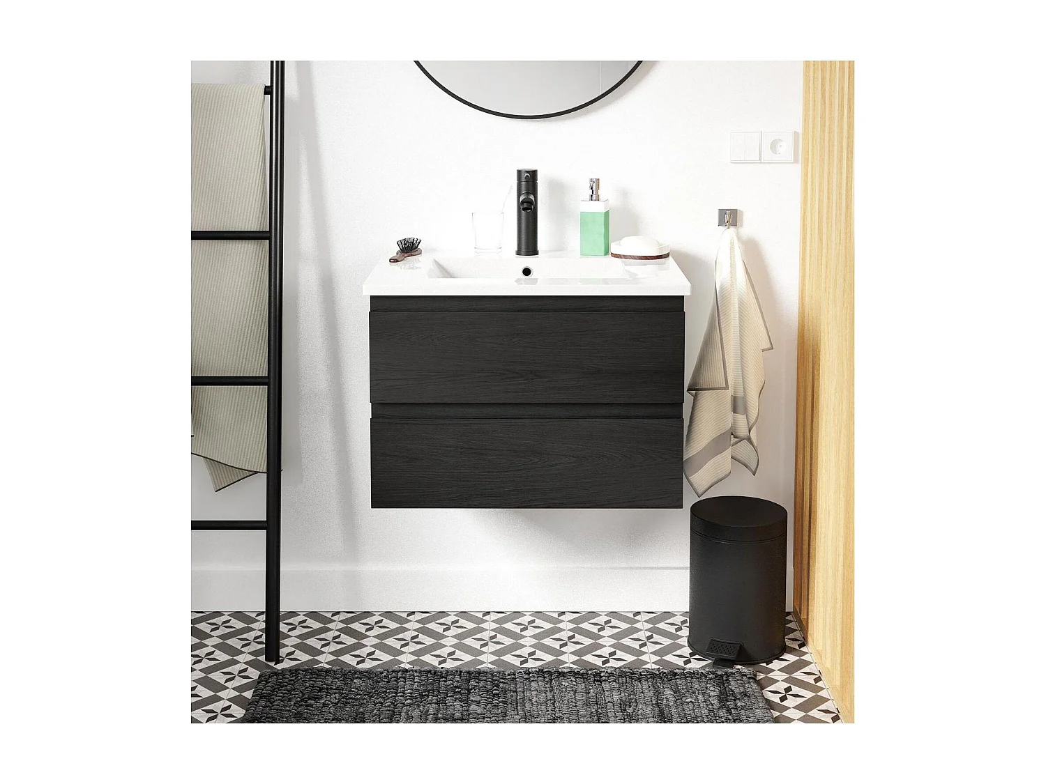 Einzelwaschtisch-Set 60cm mit Keramikplatte und schwarzem Wasserhahn SORRENTO