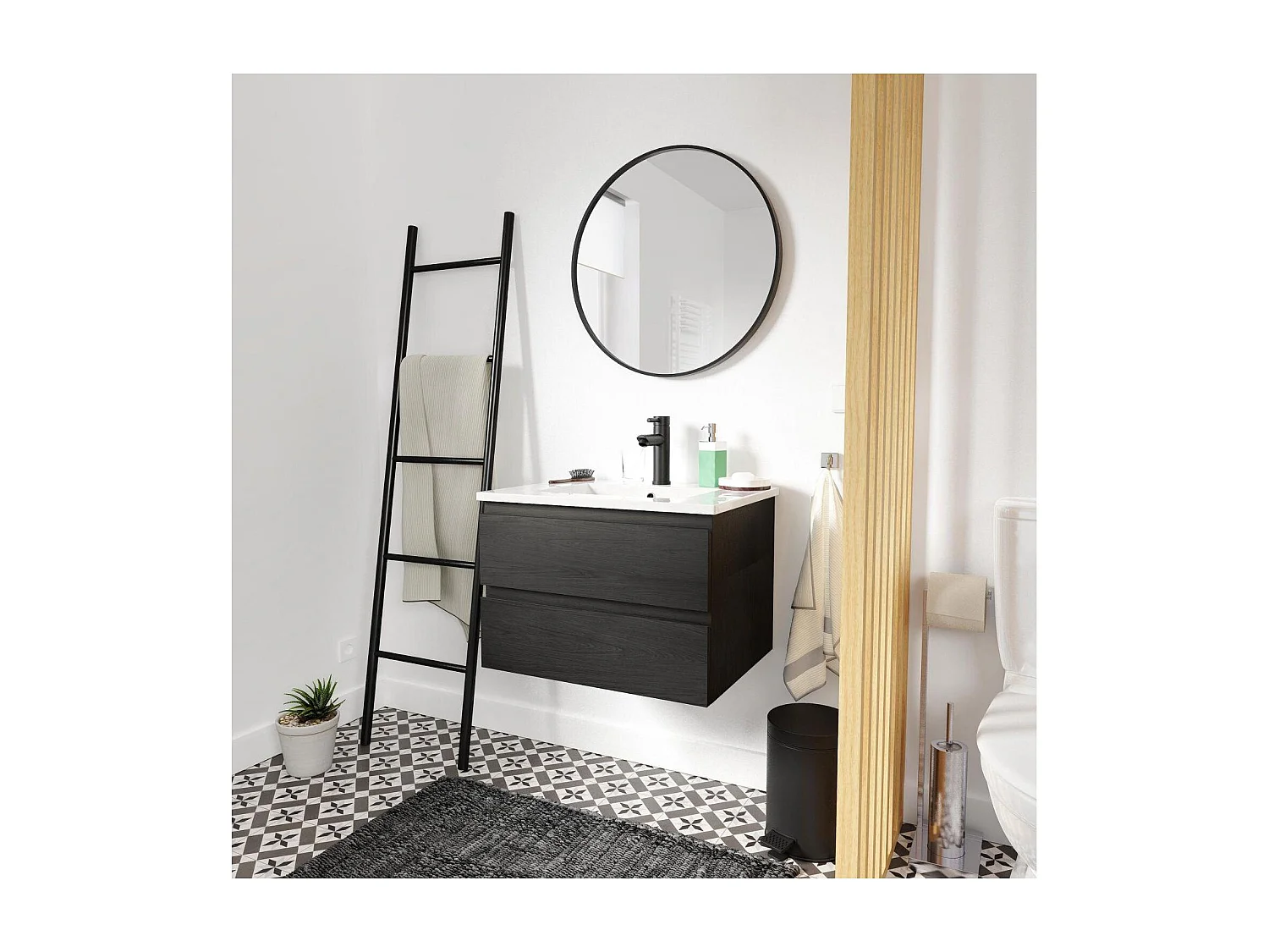 Ensemble simple vasque 60cm avec plan céramique et robinet noir