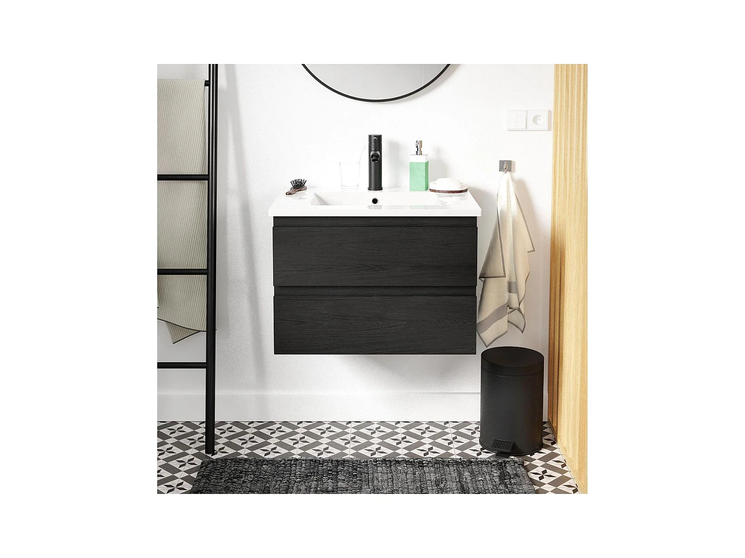 Set lavabo singolo 60cm con piano in ceramica e rubinetto nero SORRENTO