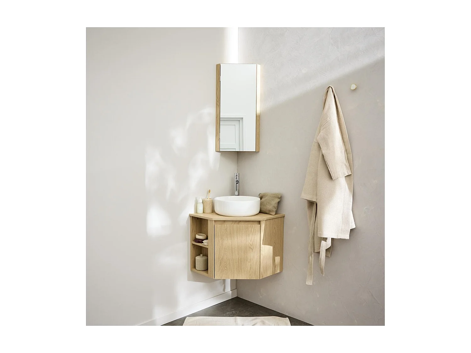 Ensemble meuble sous vasque d'angle avec vasque, robinet chromé et armoire de toilette