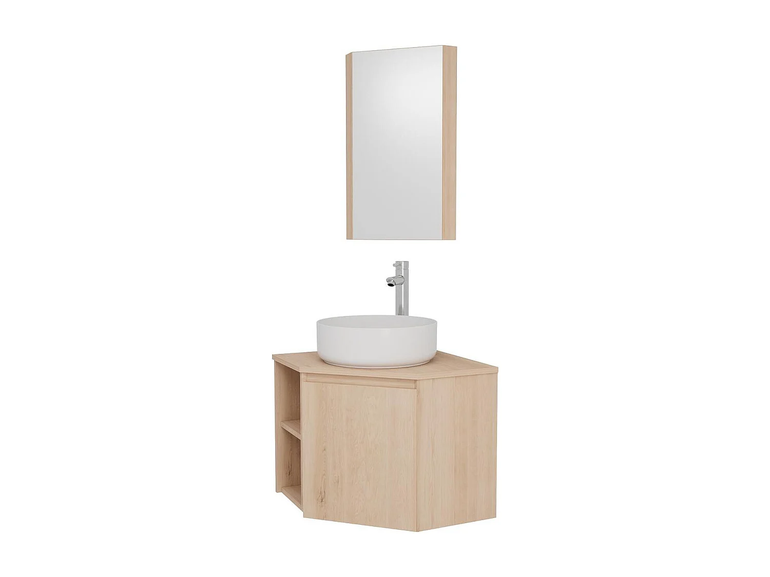 Ensemble meuble sous vasque d'angle avec vasque, robinet chromé et armoire de toilette