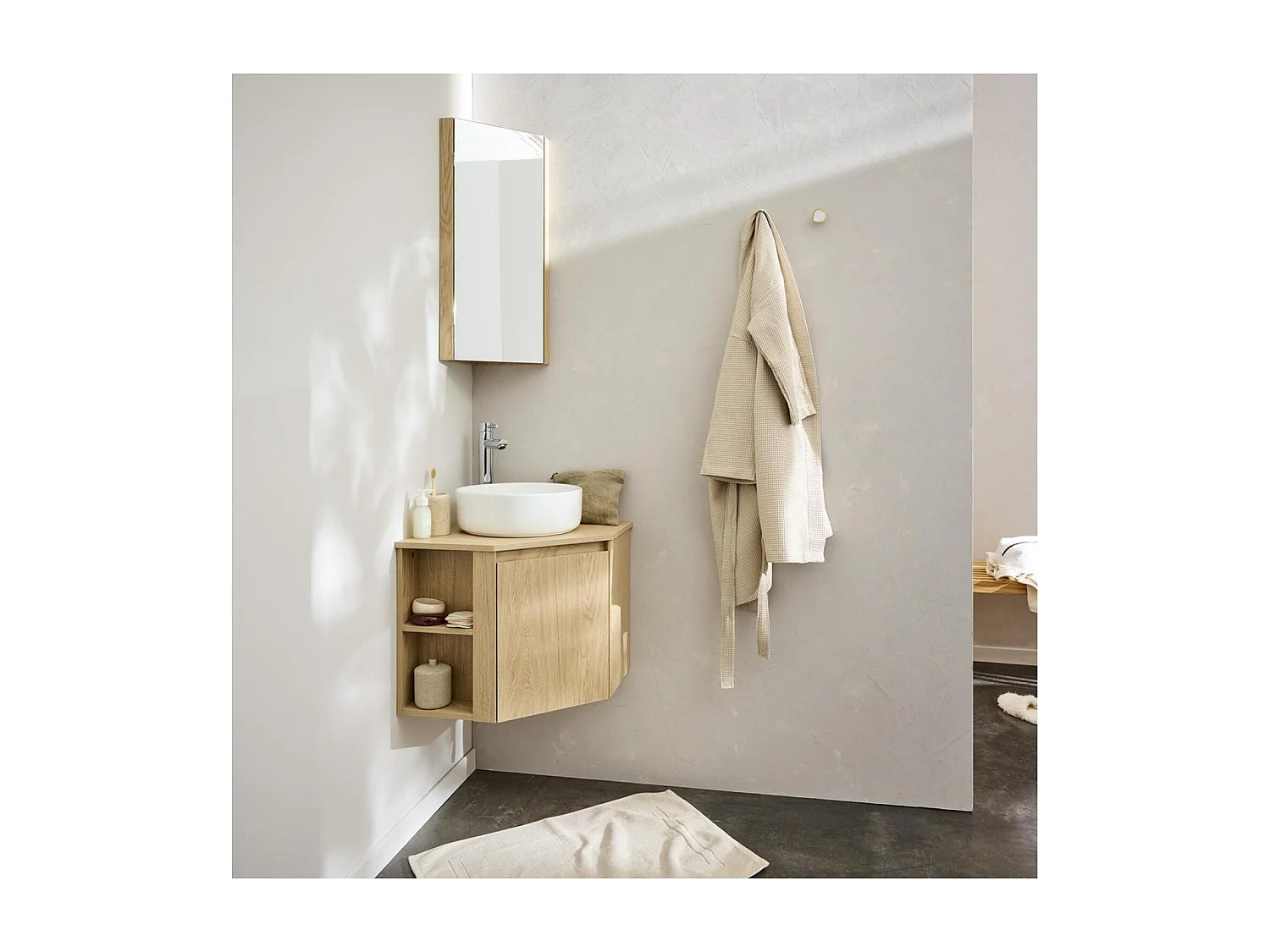 Eckwaschtisch-Set + Waschbecken + Wasserhahn + SORRENTO Eckbadezimmerschrank