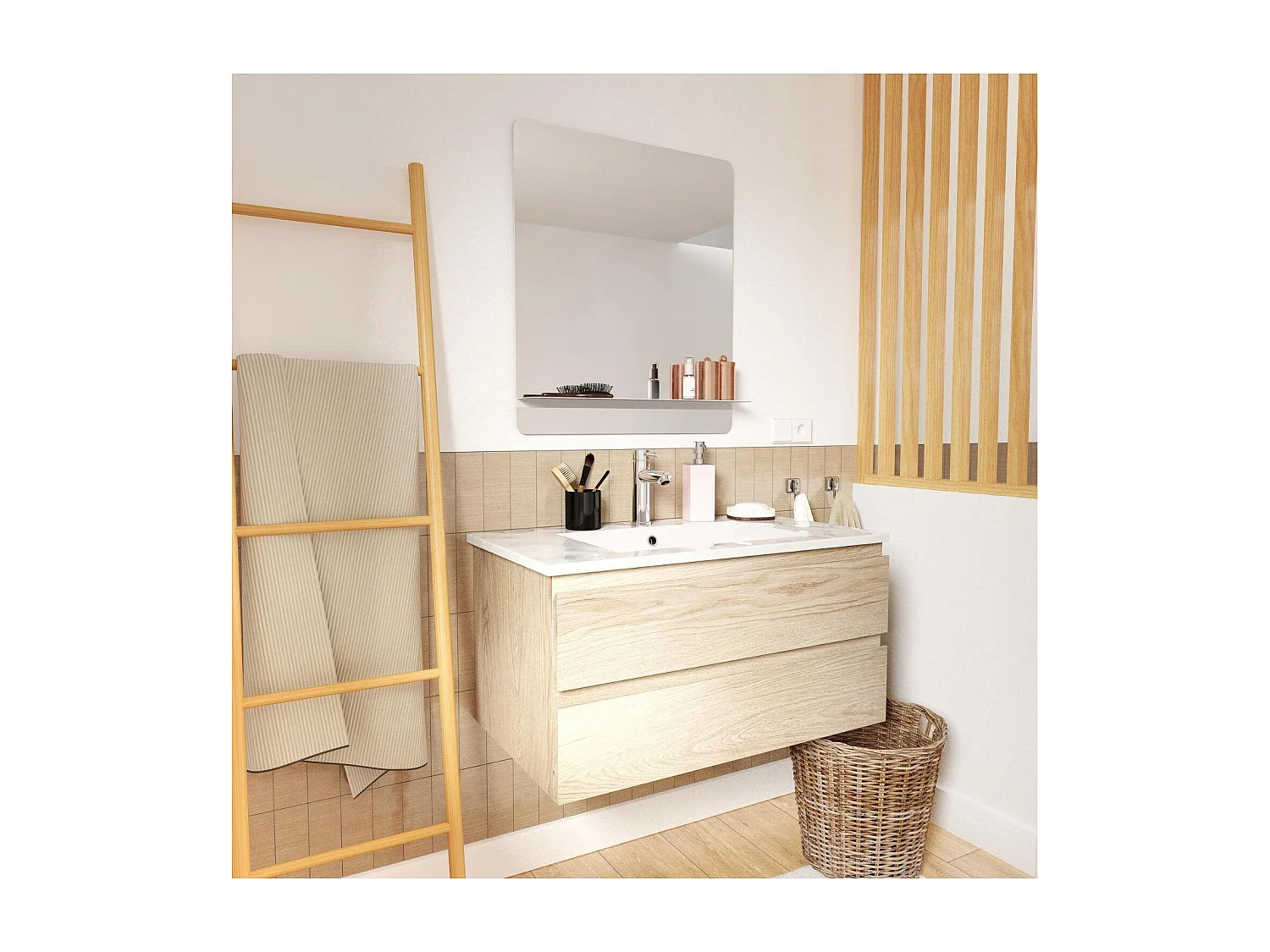 Ensemble meuble simple vasque décor chêne 80cm + vasque + robinet + miroir