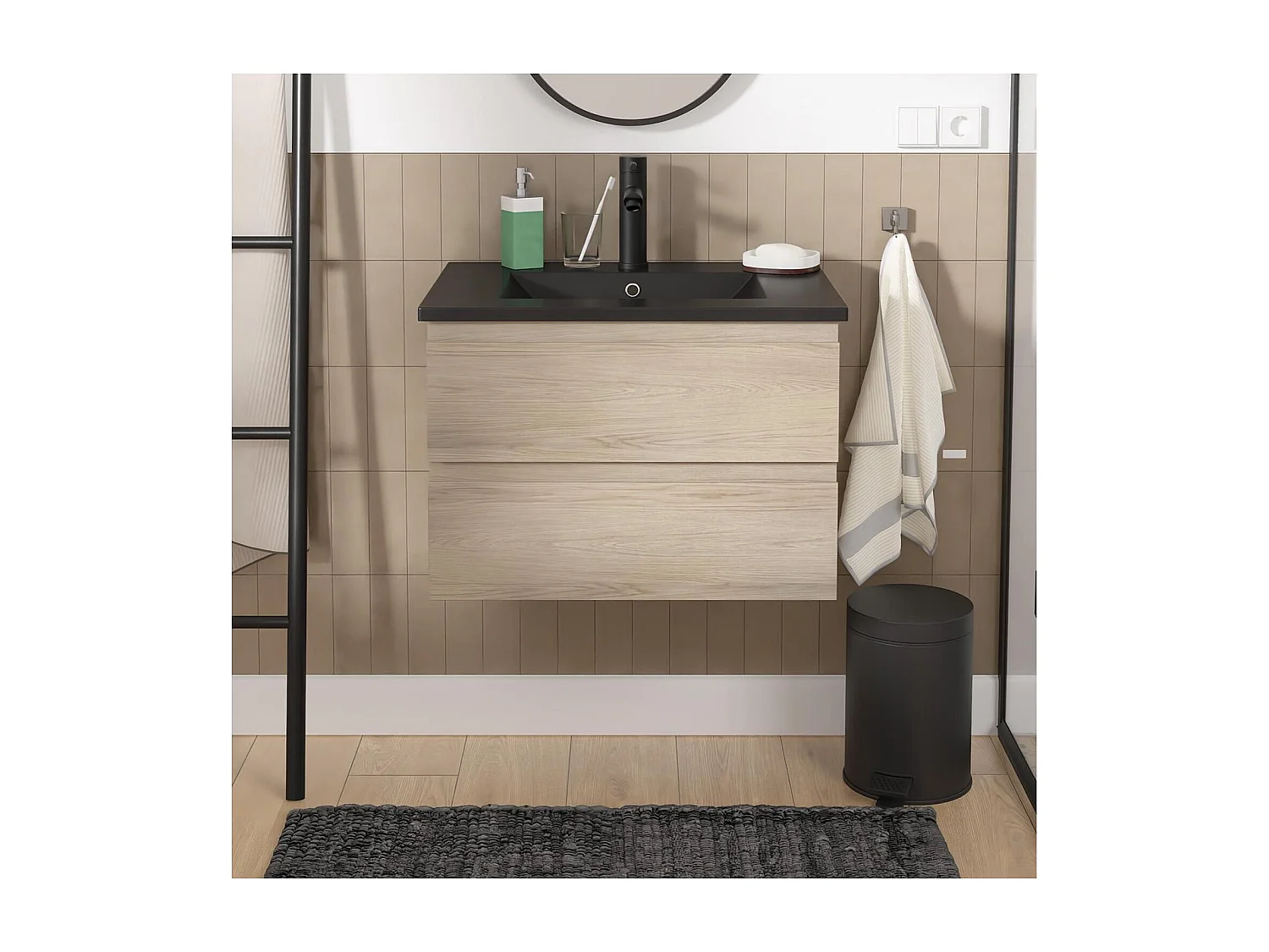 Ensemble simple vasque 60cm avec plan céramique et robinet noir