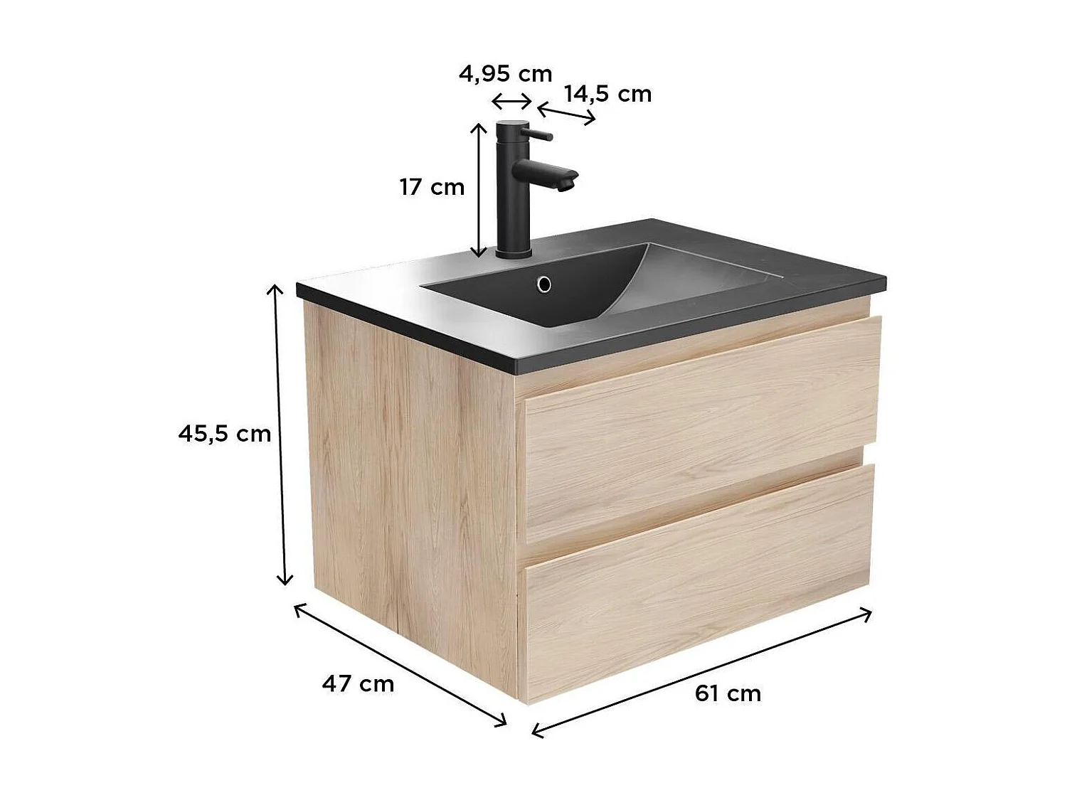 Ensemble simple vasque 60cm avec plan céramique et robinet noir