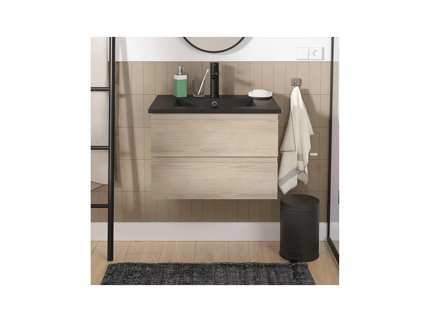 Set lavabo singolo 60cm con piano in ceramica e rubinetto nero SORRENTO