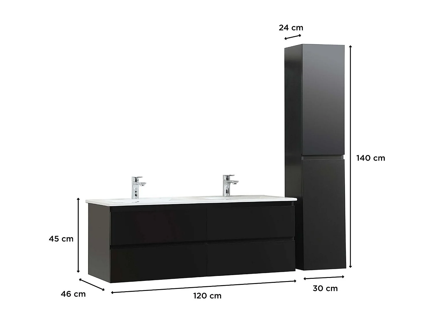 Meuble double vasque 120cm avec plan céramique SORRENTO Noir + colonne