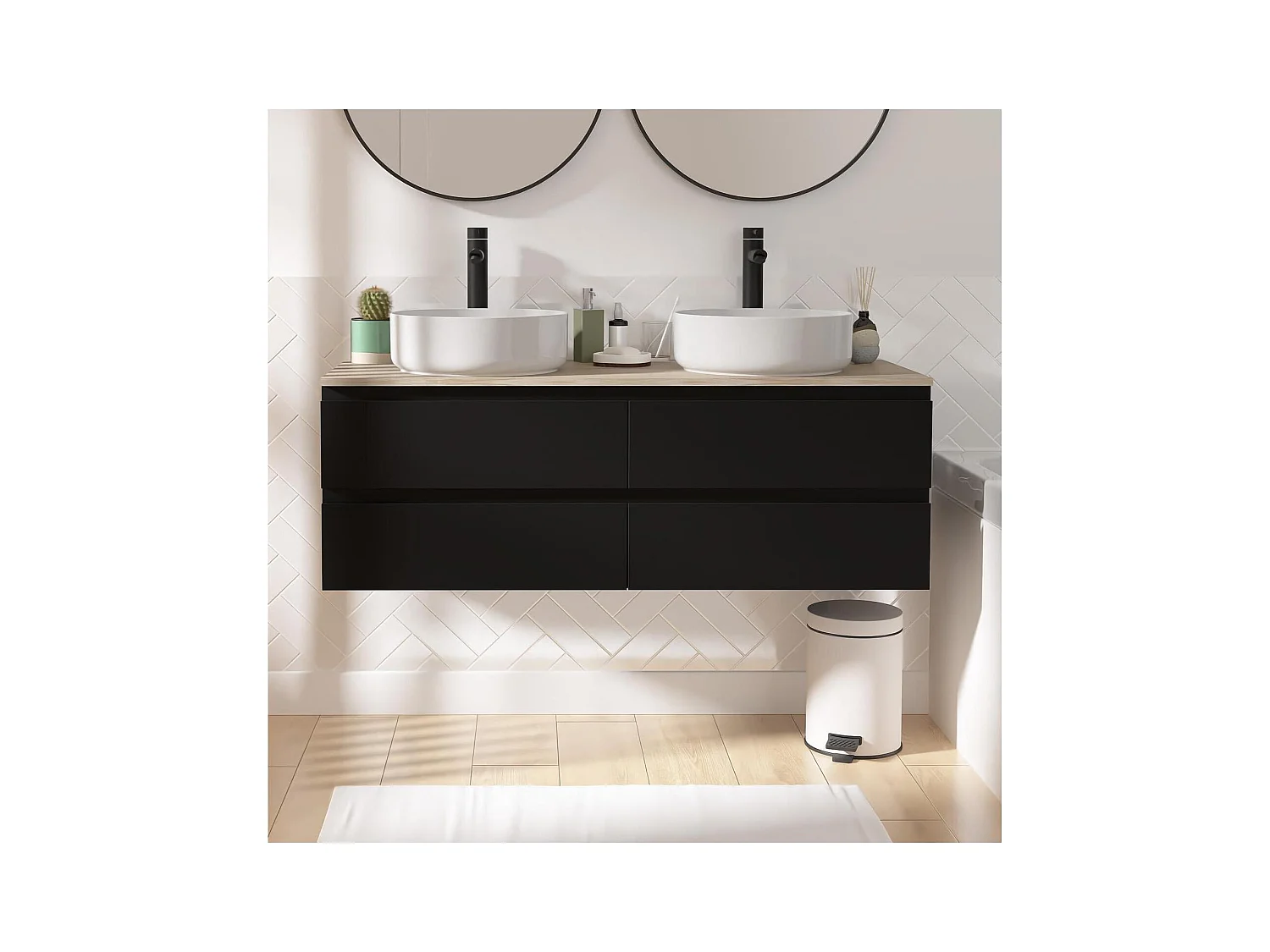 Ensemble double vasque suspendu avec plan bois et 2 vasques à poser 120cm