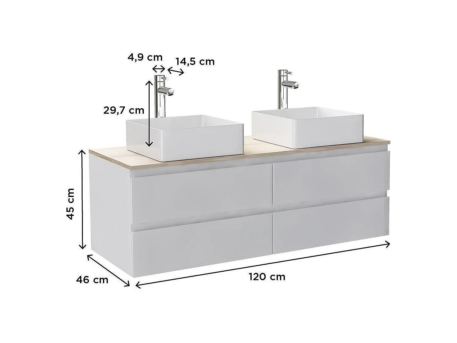 Ensemble double vasque suspendu avec plan bois, vasques et robinets 120 cm