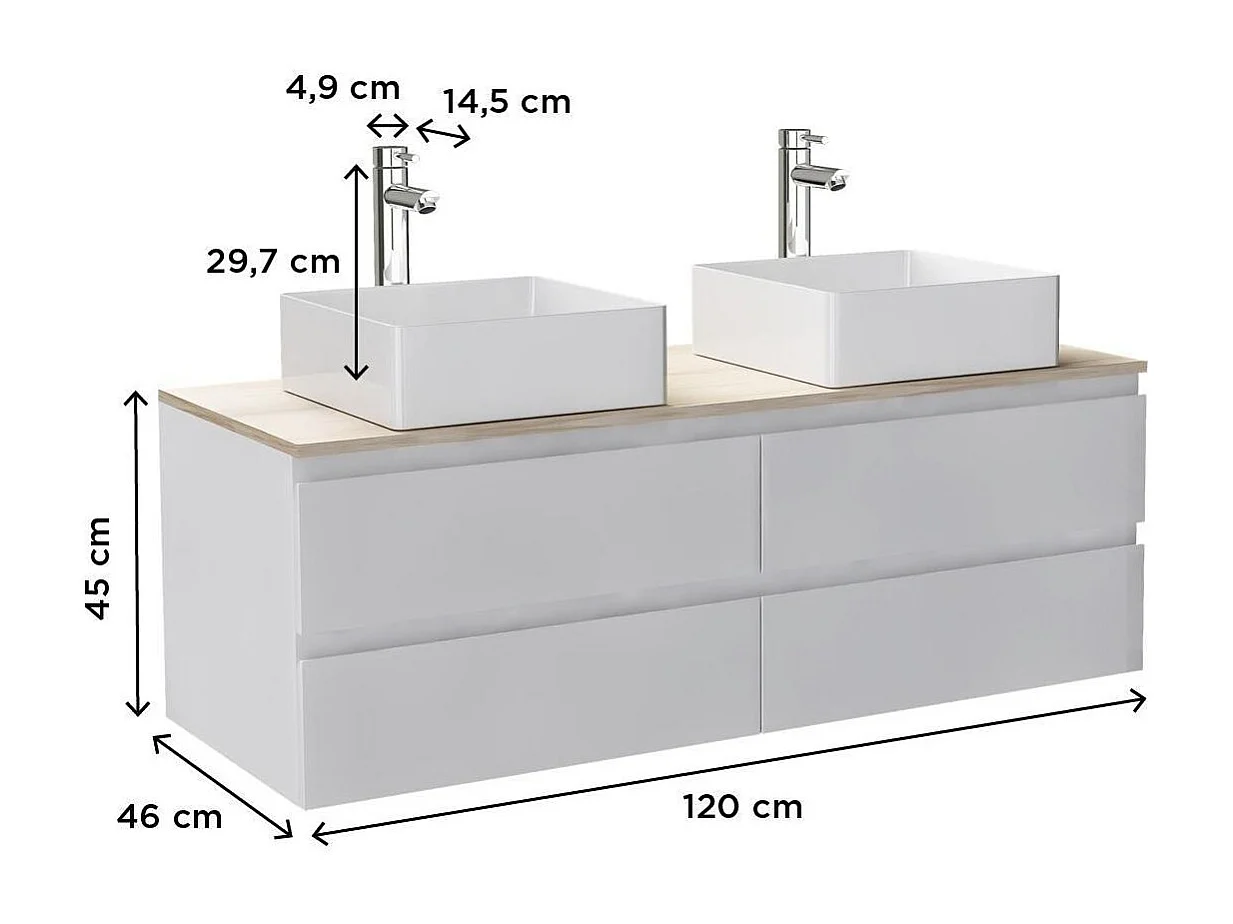 Ensemble double vasque suspendu avec plan bois, vasques et robinets 120 cm