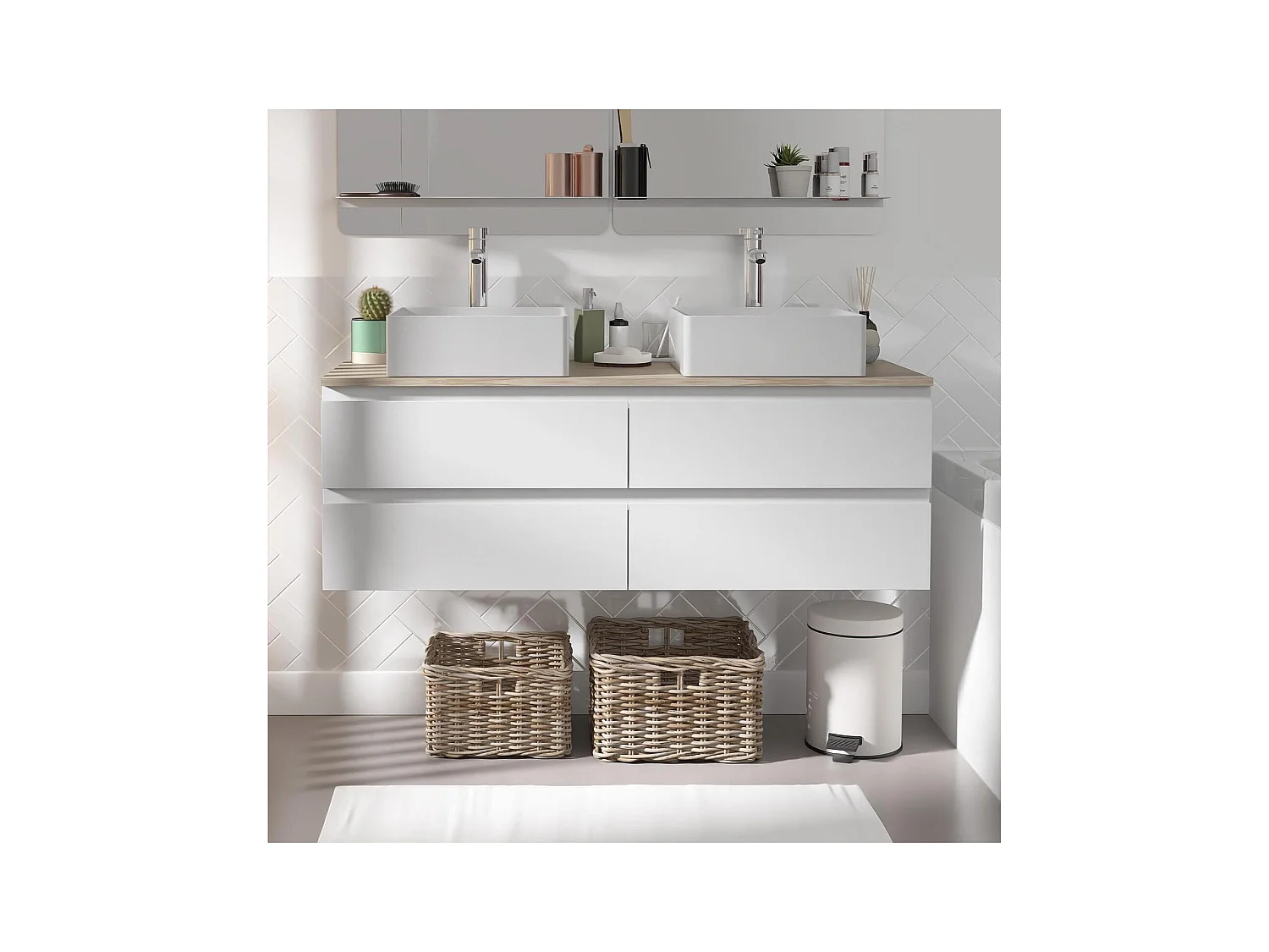 Mobile doppio lavello sospeso SORRENTO da 120 cm con piano in legno, vasche e rubinetteria