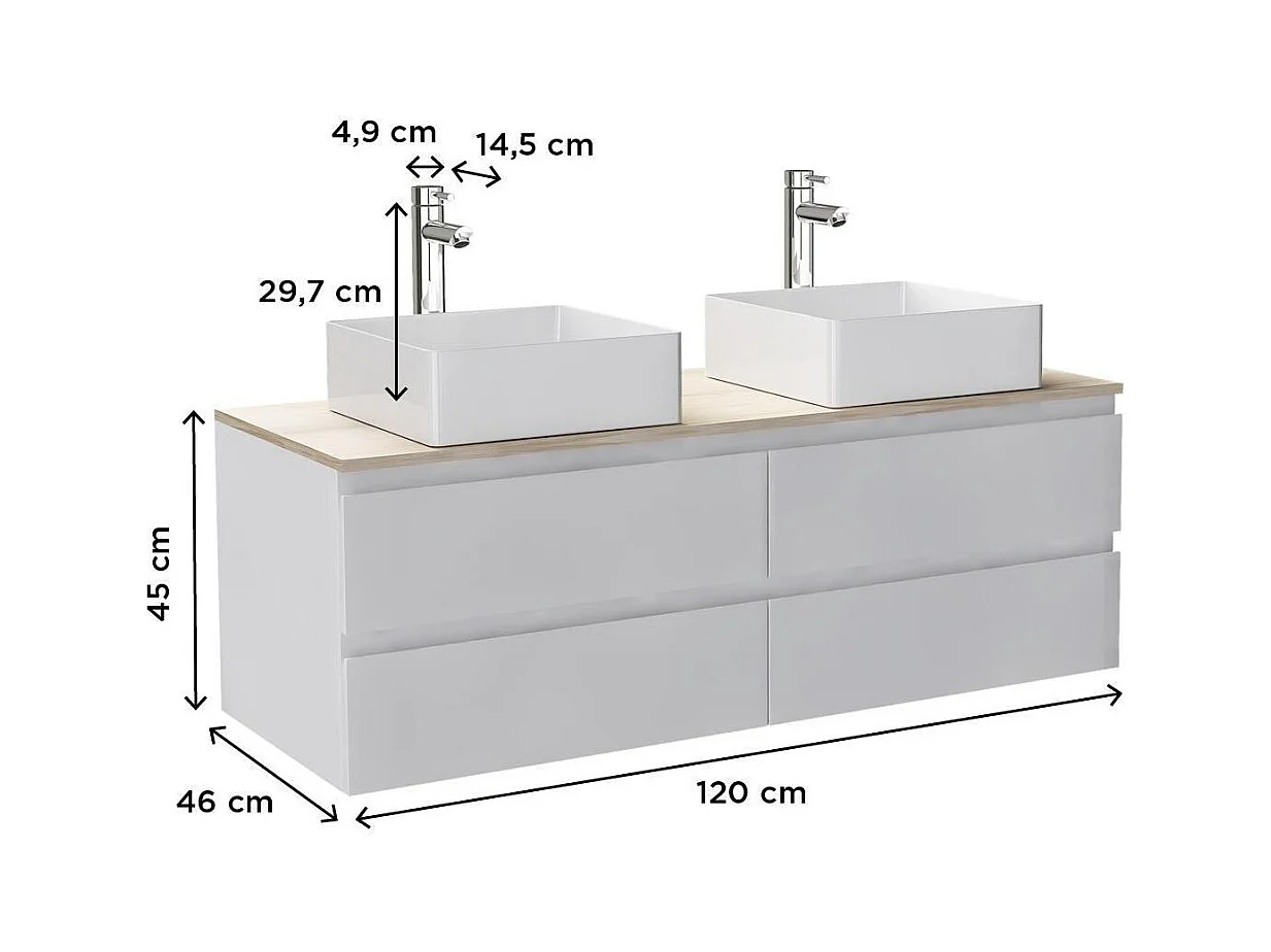 Ensemble double vasque suspendu avec plan bois, vasques et robinets 120 cm