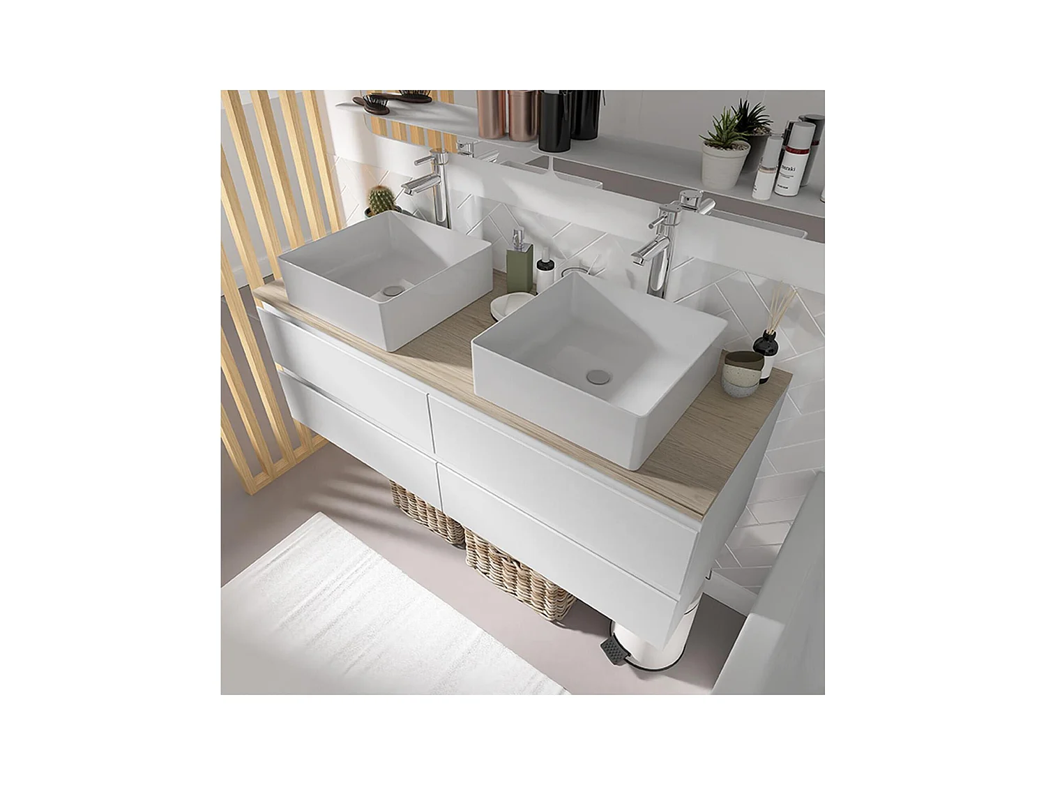 Ensemble double vasque suspendu avec plan bois, vasques et robinets 120 cm