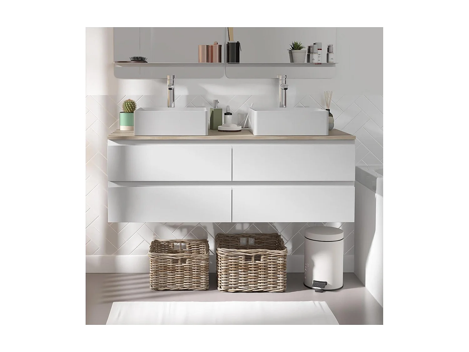 SORRENTO 120 cm wandgemonteerde dubbele spoelbak met houten blad, waskommen en kranen