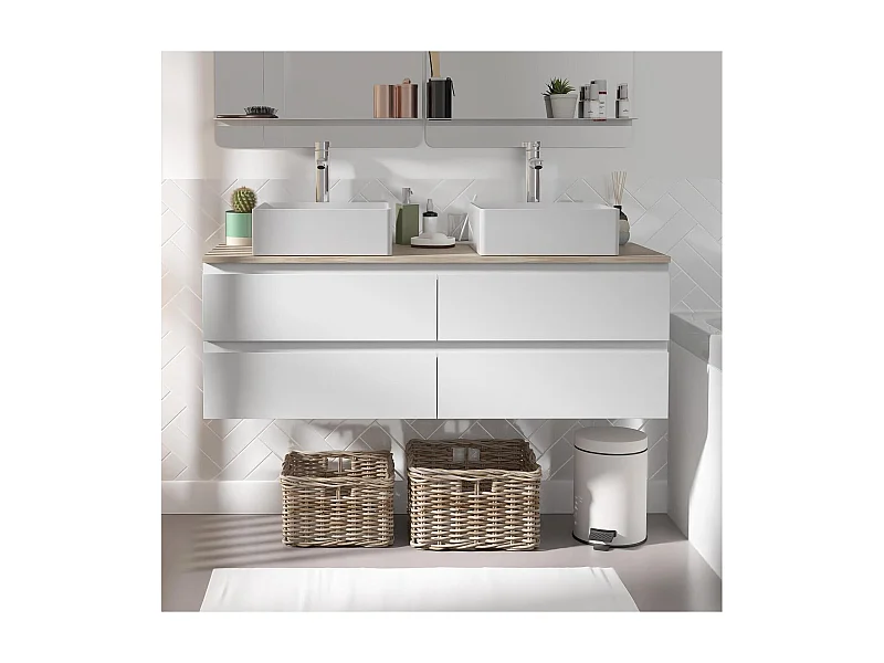 Ensemble double vasque suspendu avec plan bois, vasques et robinets 120 cm