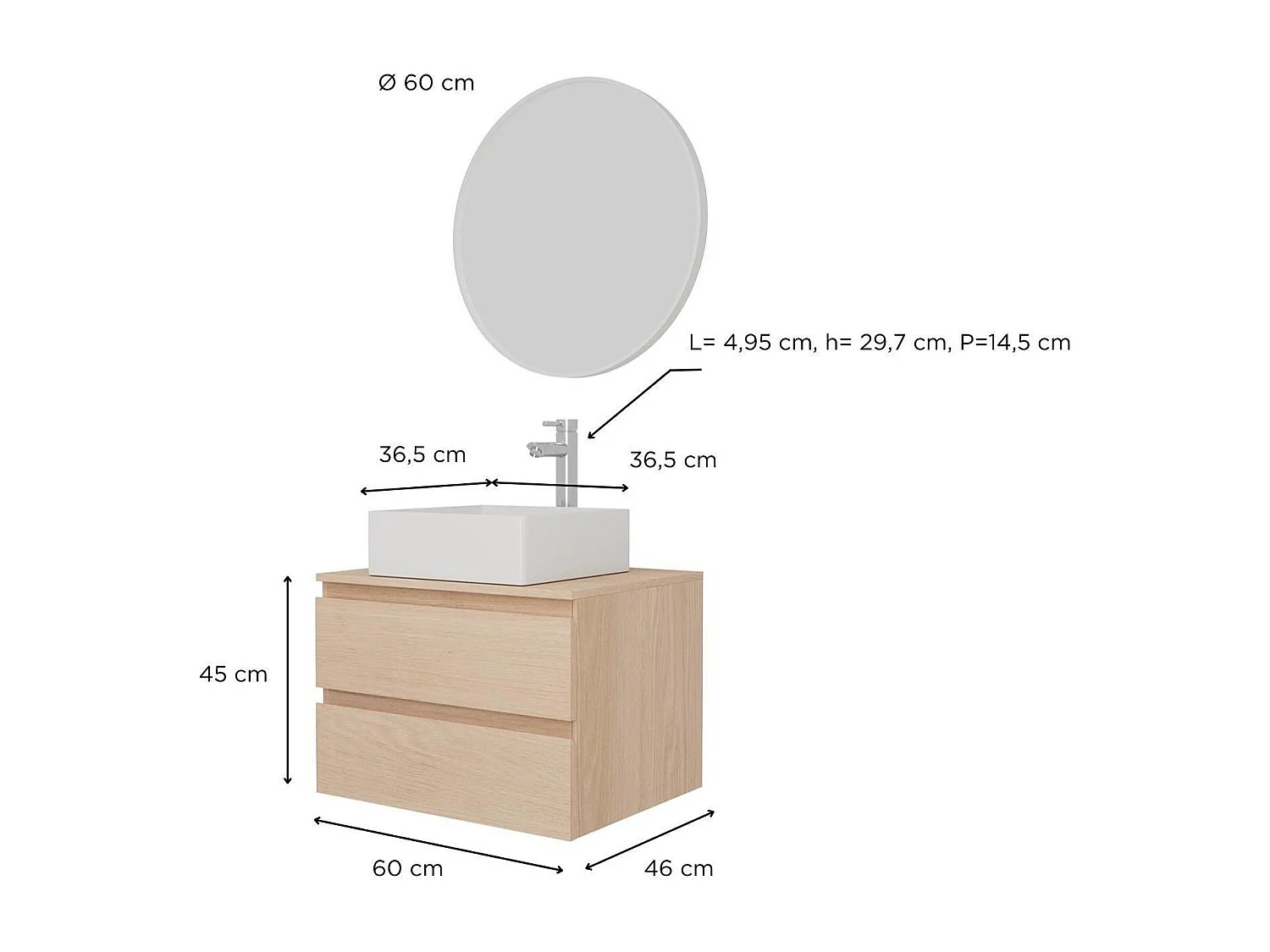 SORRENTO Einzelwaschtisch-Unterschrank 60cm + Waschbecken + Armatur + Spiegel