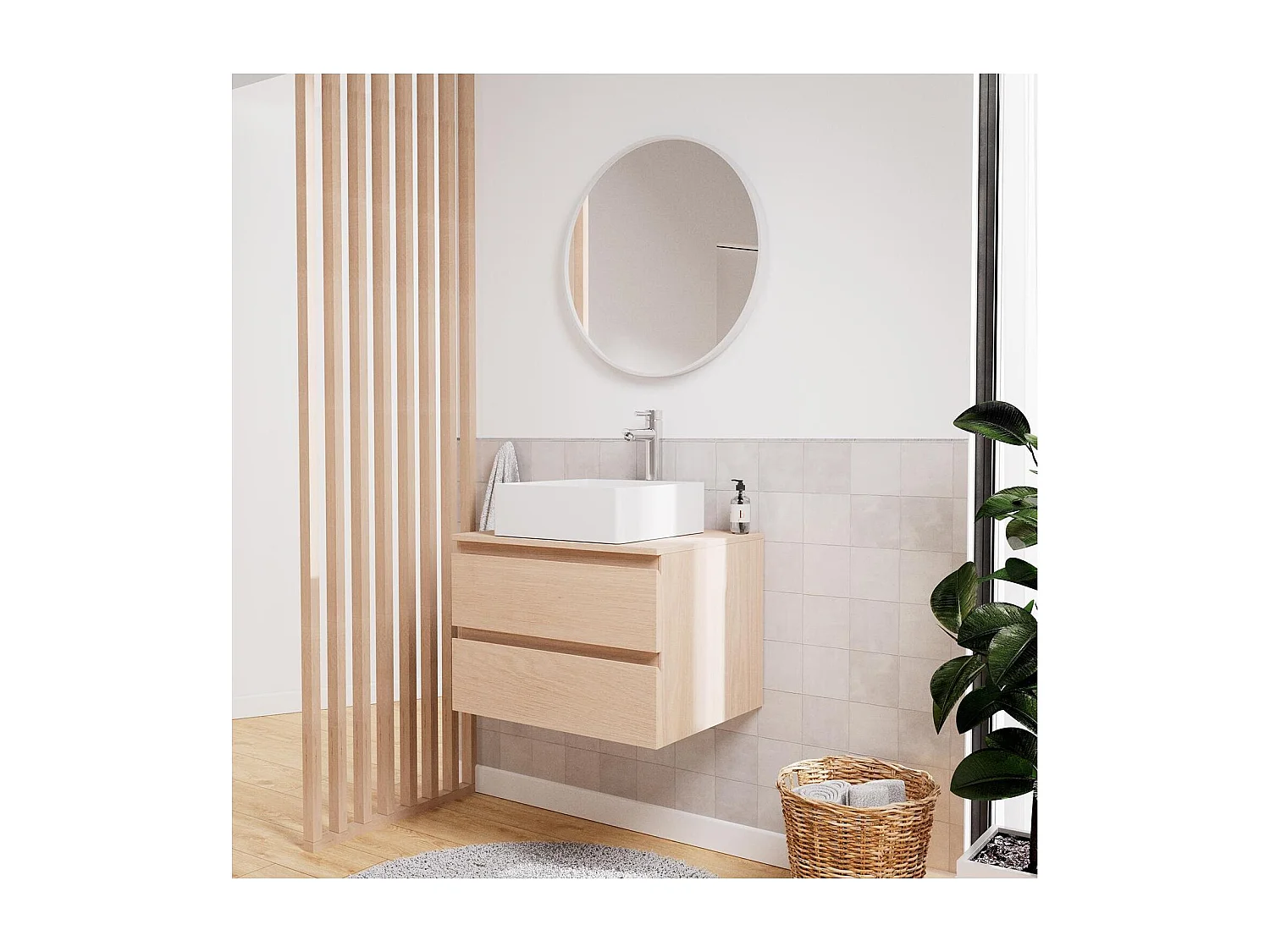 SORRENTO Einzelwaschtisch-Unterschrank 60cm + Waschbecken + Armatur + Spiegel