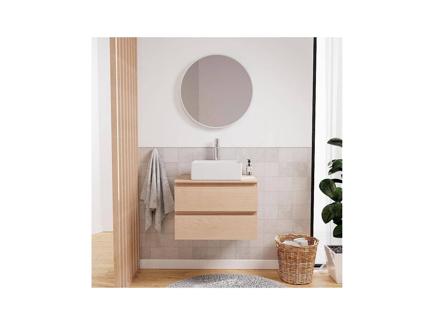 Ensemble meuble simple vasque 60 cm + vasque COMA + robinet ROB + miroir EMA