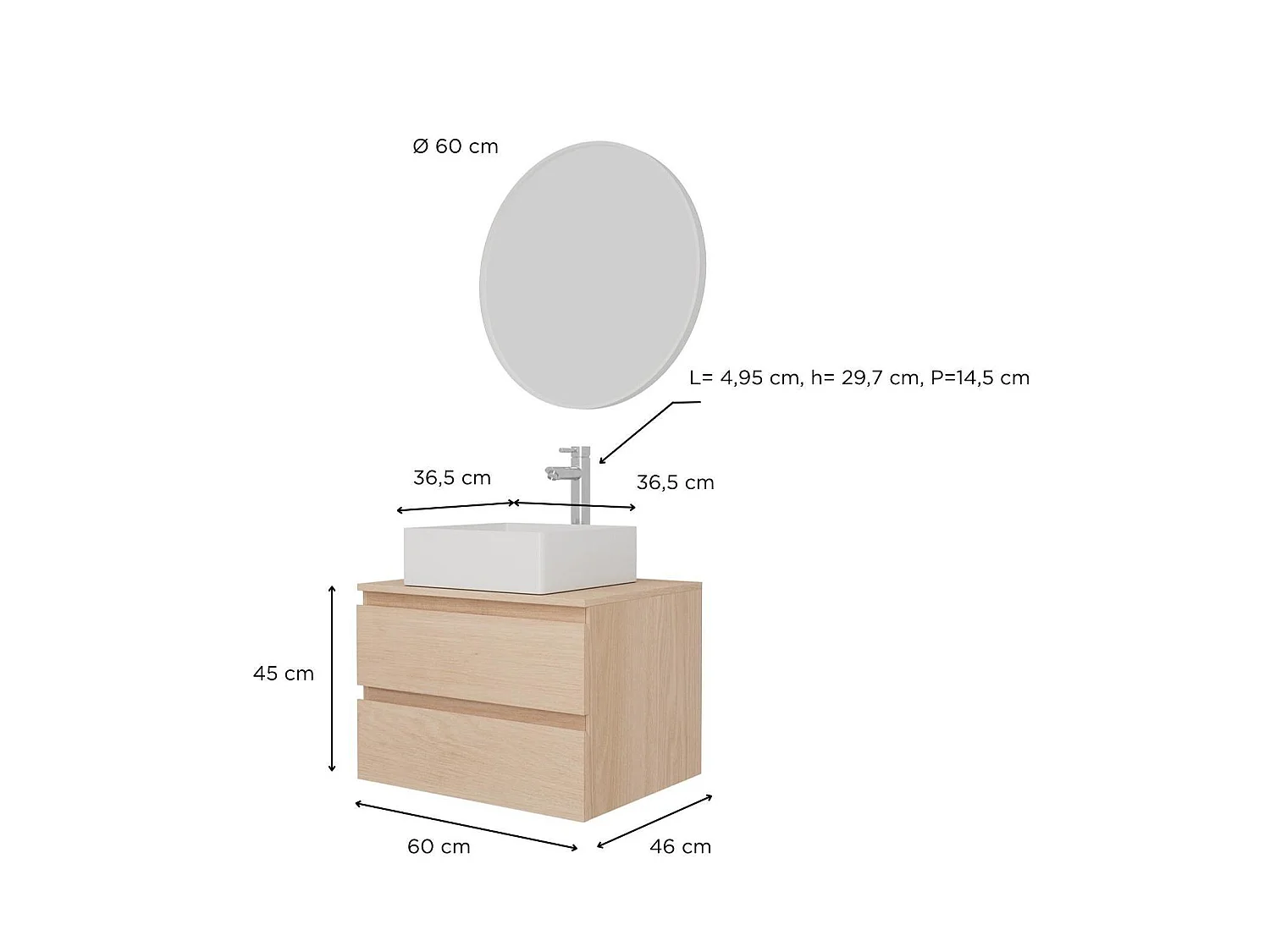 SORRENTO wastafelmeubelset met enkele wasbak 60 cm + wastafel + kraan + spiegel