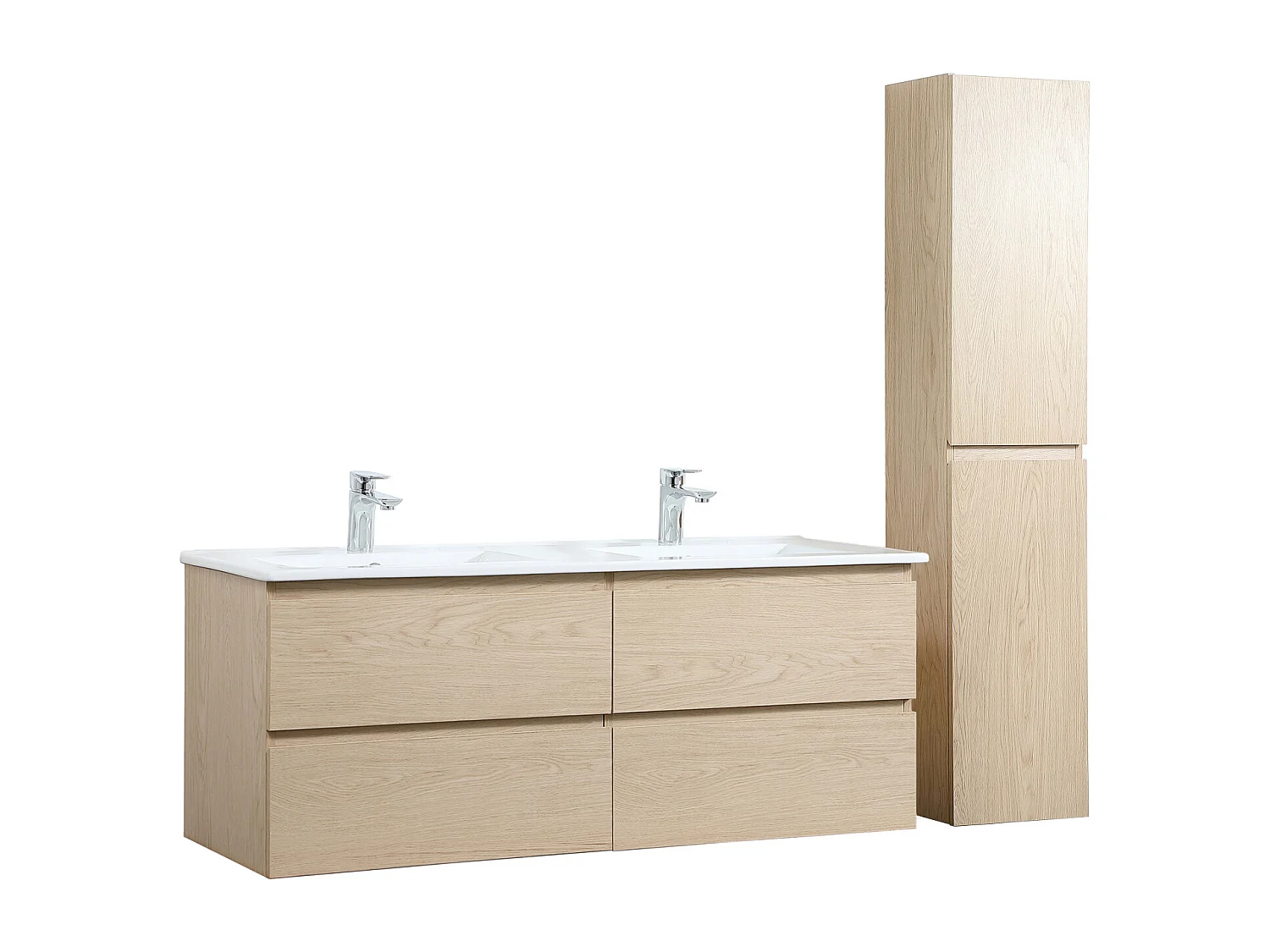 Meuble double vasque 120cm avec plan céramique SORRENTO Décor chêne + colonne