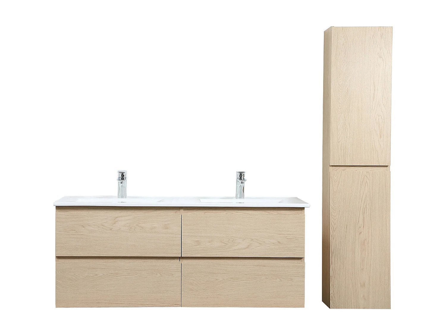 Meuble double vasque 120cm avec plan céramique SORRENTO Décor chêne + colonne