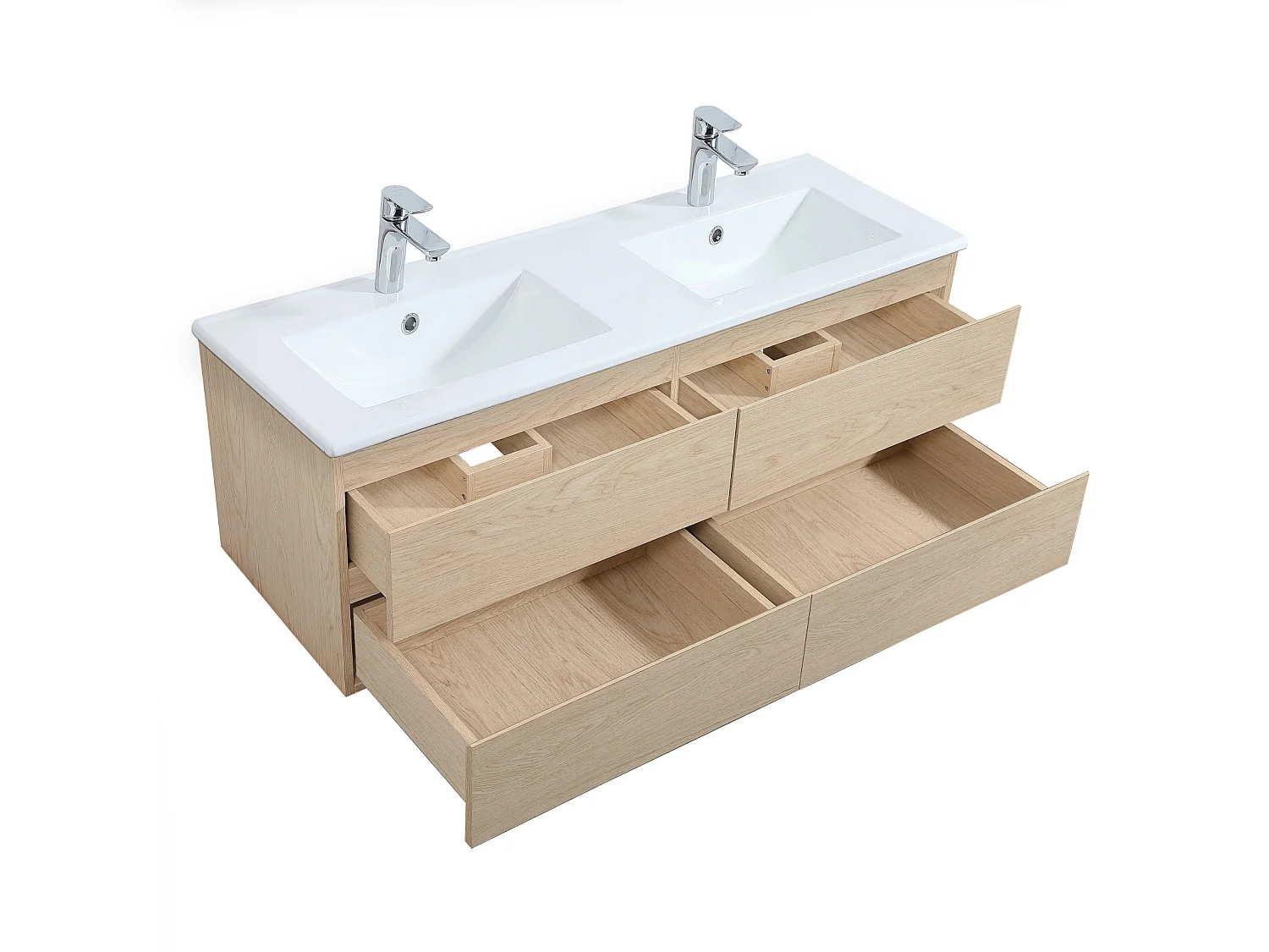 Meuble double vasque 120cm avec plan céramique SORRENTO Décor chêne + colonne