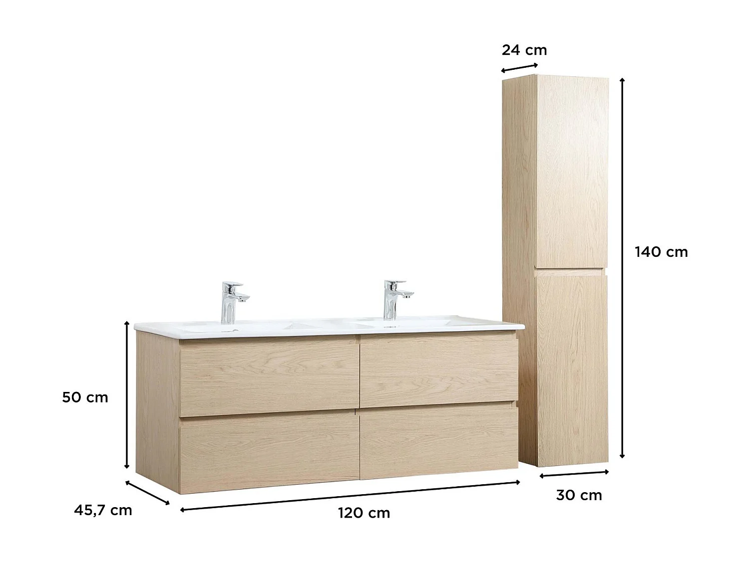 Meuble double vasque 120cm avec plan céramique SORRENTO Décor chêne + colonne