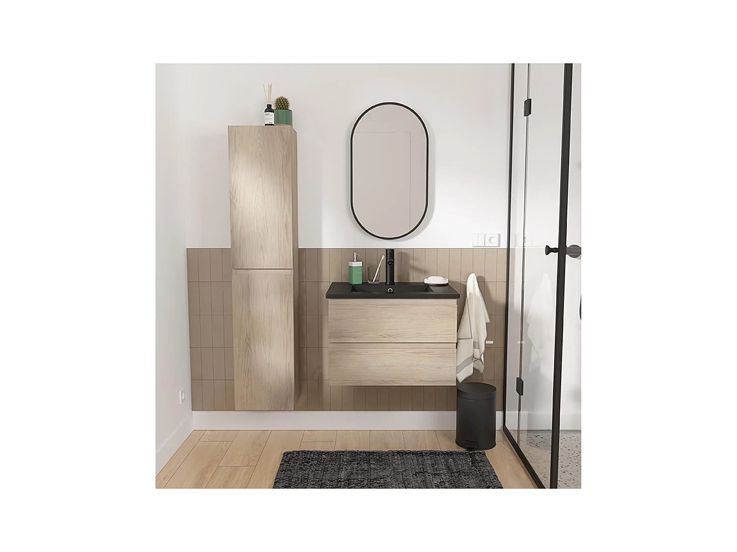 Ensemble meuble simple vasque décor chêne 60cm + vasque noire + robinet + miroir + colonne