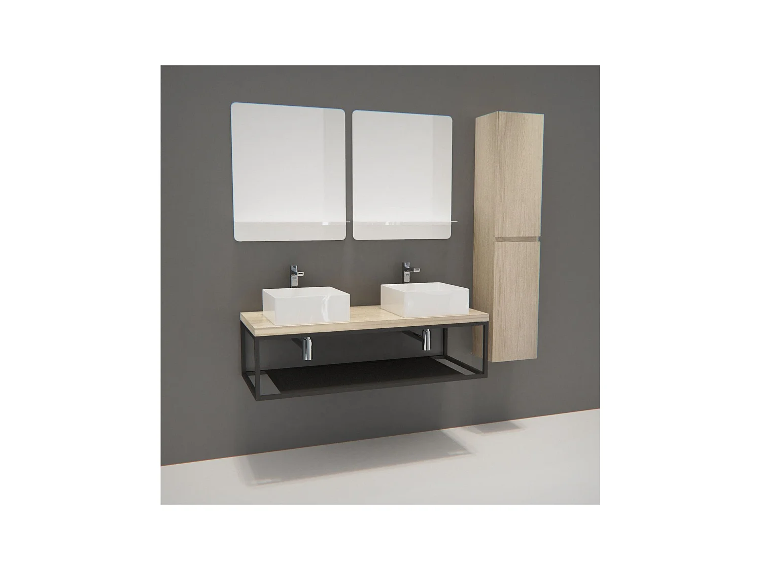 Meuble de Salle de Bain Bois et Métal WILL - Plan suspendu 120 cm + Structure métal + 2 Vasques + 2 Miroirs + Colonne